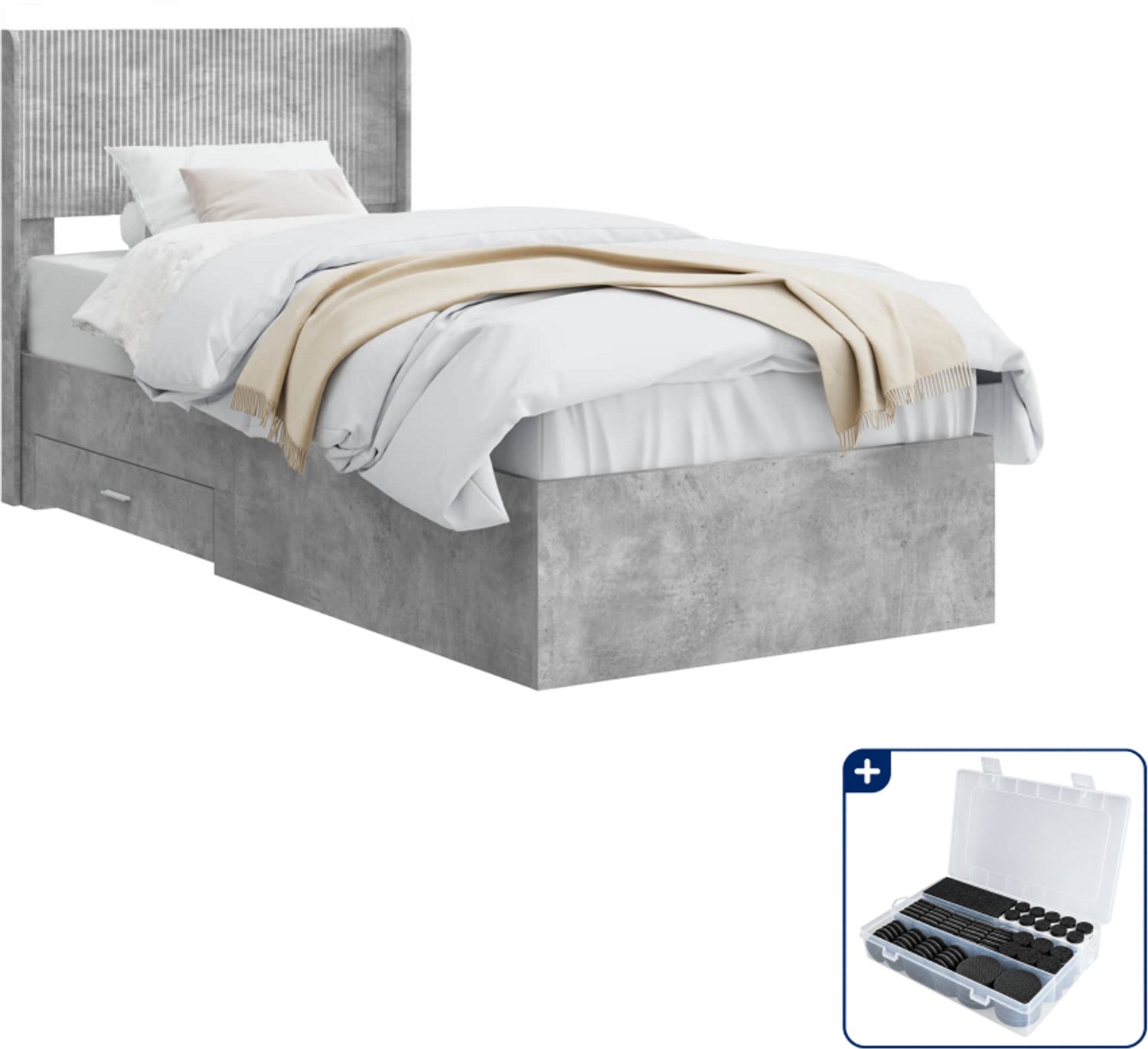 vidaXL bedframe met opbergruimte - 90 x 190 cm - bewerkt hout - grijs - Inclusief antikrasvilt 177-delig