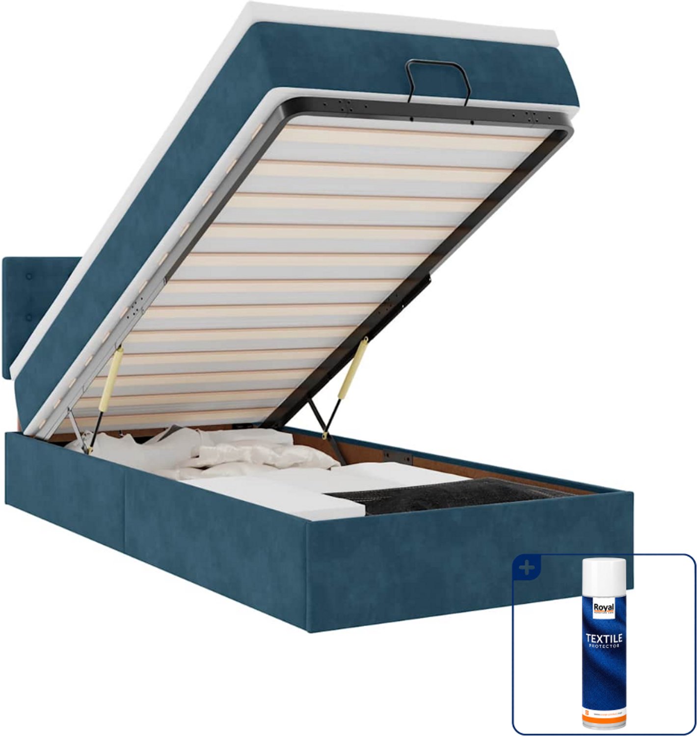 vidaXL ottoman bed met matras - 100 x 200 cm - fluweel - donkerblauw - Inclusief textielbeschermer 500 ml Grijs