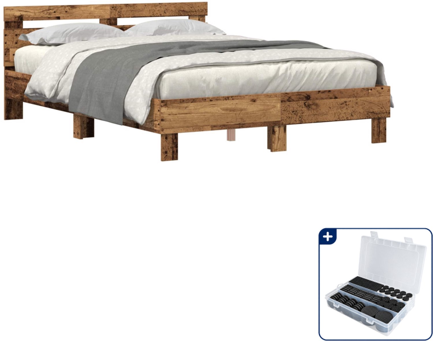 vidaXL Bedframe Small double - 140 x 200 cm - bewerkt hout - oudhout - Inclusief antikrasvilt 177-delig Wit