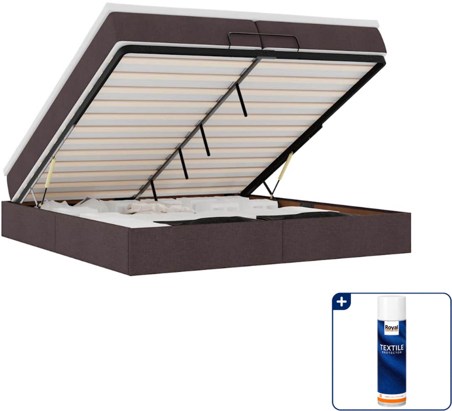 vidaXL ottoman bed - 200 x 200 cm - super kingsize - donkerbruin - Inclusief textielbeschermer 500 ml Crème