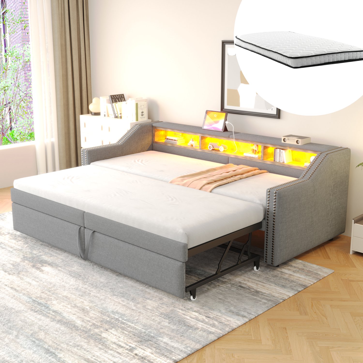 Zubaliya Dagbed - 90 x 200 / 180 x 200 cm - Lichtgrijs - juteweefsel - LED-verlichting - USB-aansluiting - Uitschuifbaar