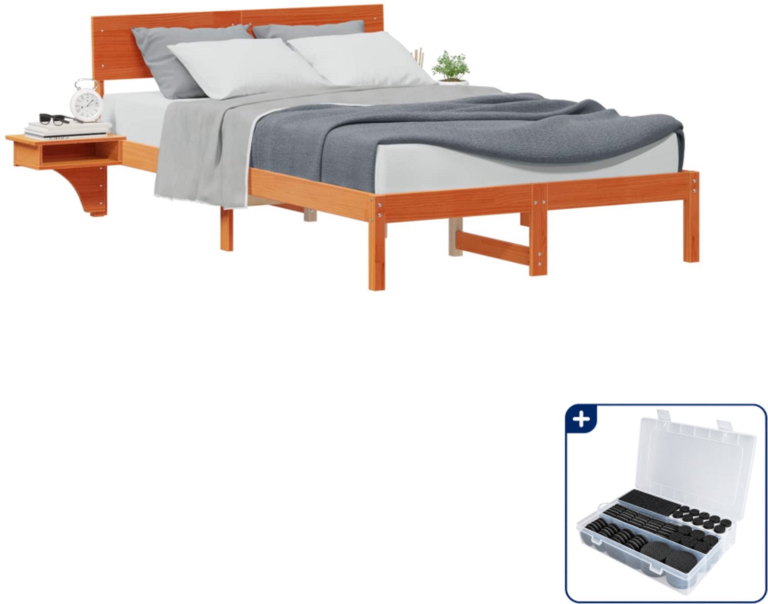 vidaXL bedframe - 135 x 190 cm - massief grenenhout - wasbruin - Inclusief antikrasvilt 177-delig