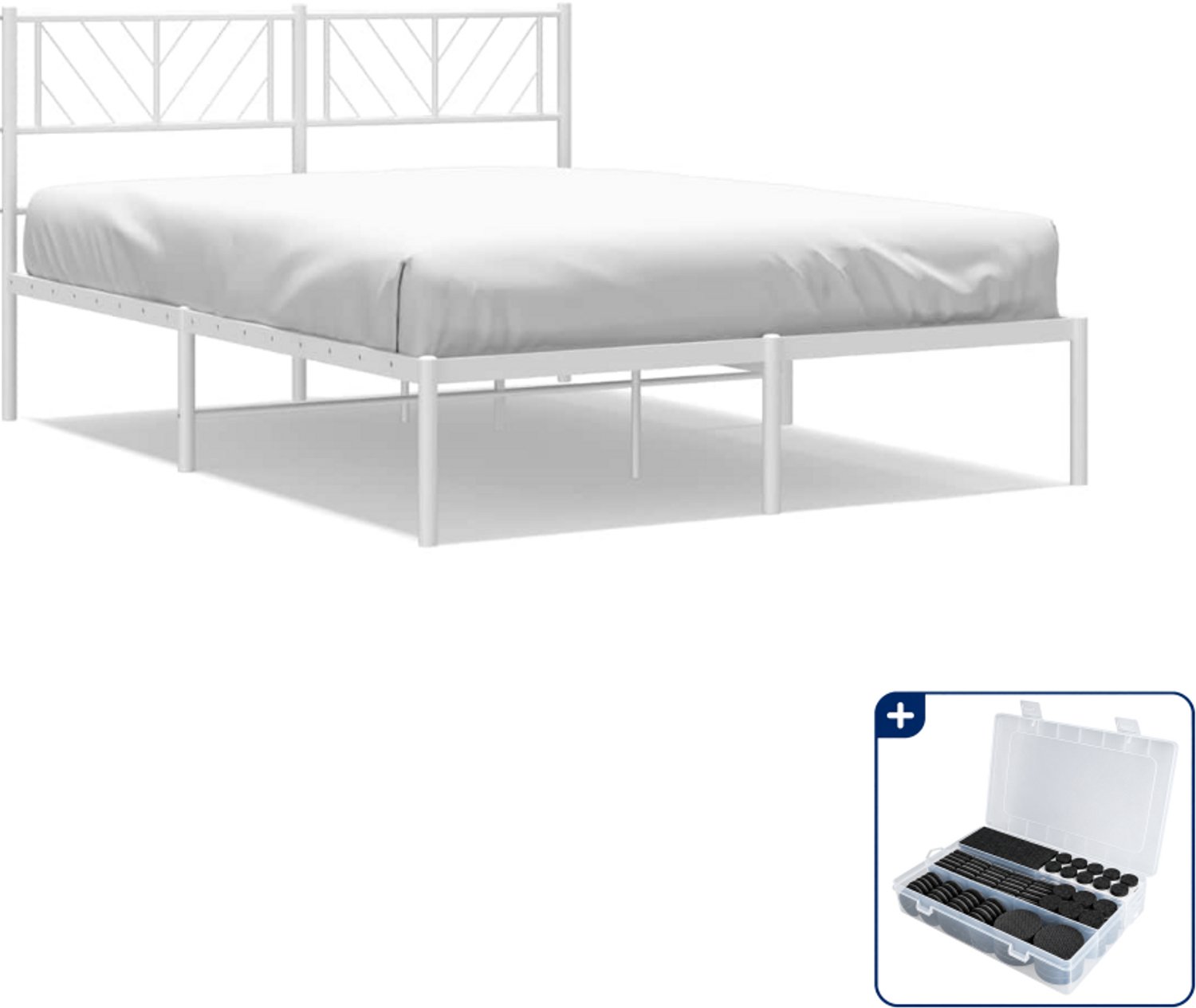 vidaXL bedframe met hoofdbord - 135 x 190 cm - staal - wit - Inclusief antikrasvilt 177-delig