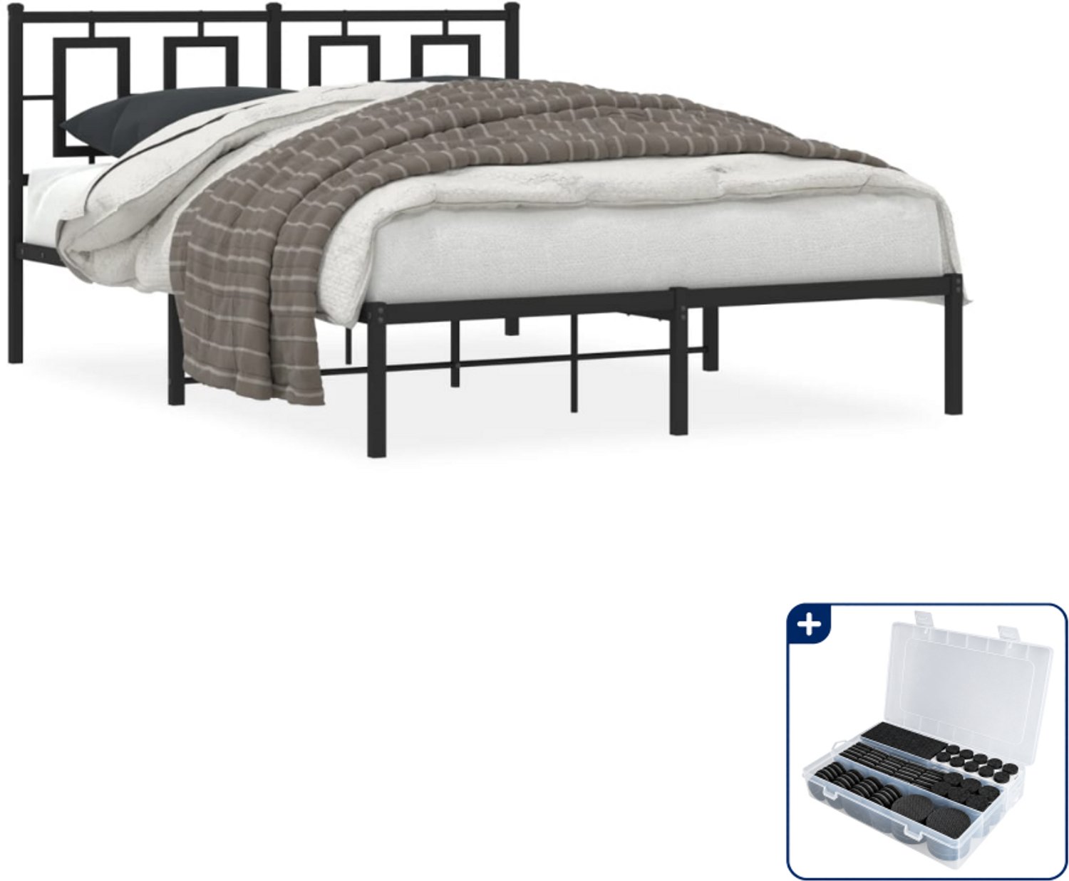 vidaXL bedframe met hoofdbord - 140 x 190 cm - staal - zwart - Inclusief antikrasvilt 177-delig