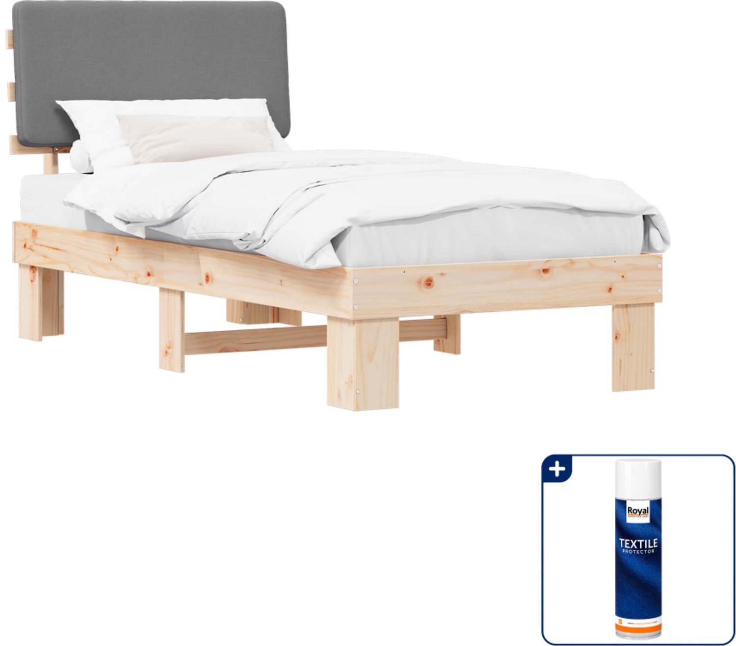 vidaXL bedframe - 75 x 190 cm - massief grenenhout - lichtgrijs - Inclusief textielbeschermer 500 ml
