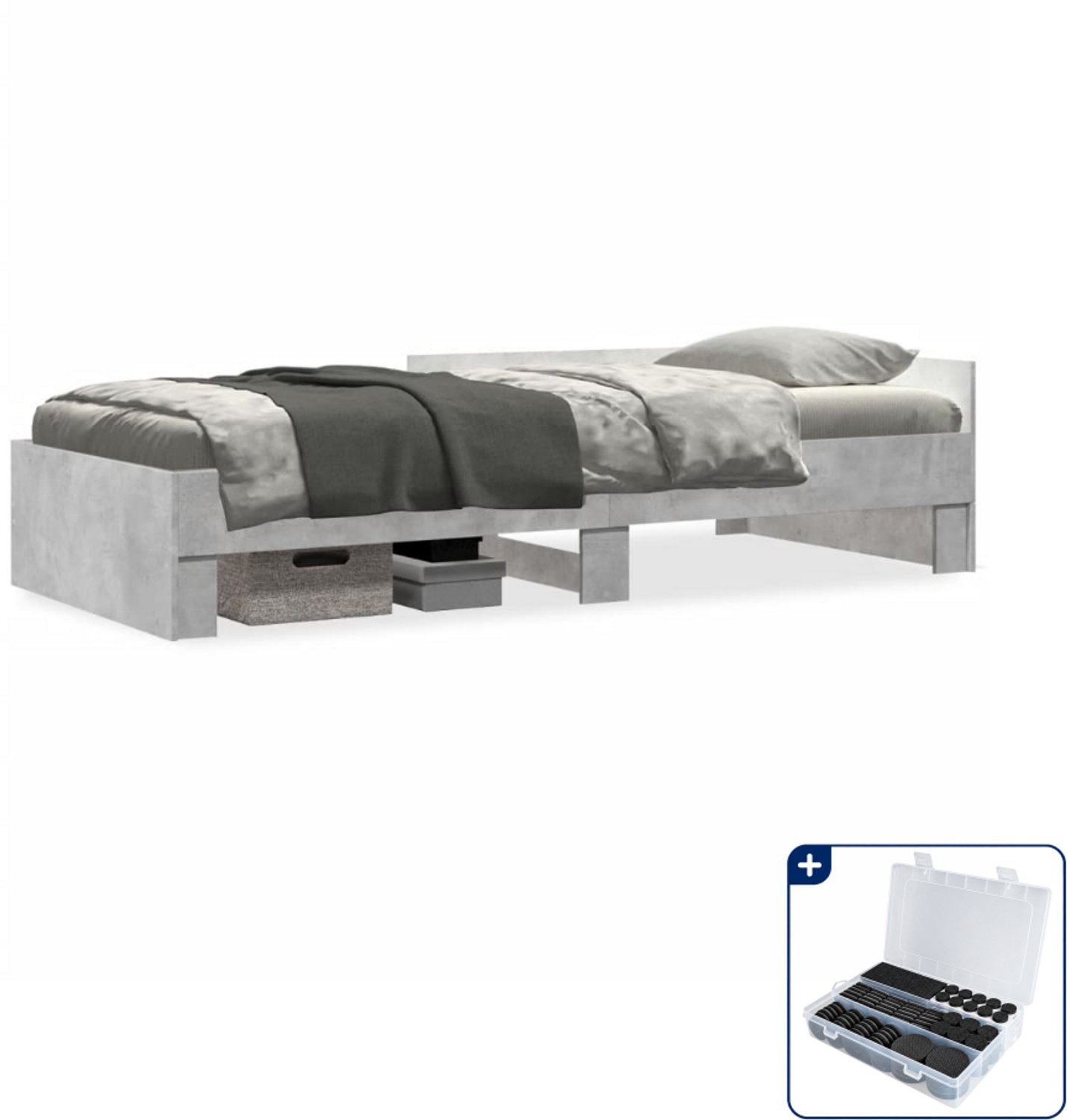 vidaXL bedframe - 75 x 190 cm - bewerkt hout - betongrijs - Inclusief antikrasvilt 177-delig