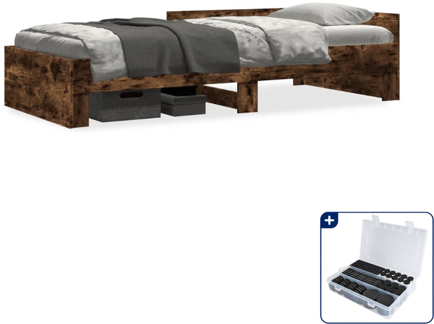 vidaXL bedframe - 90 x 200 cm - bewerkt hout - gerookt eiken - Inclusief antikrasvilt 177-delig Bruin