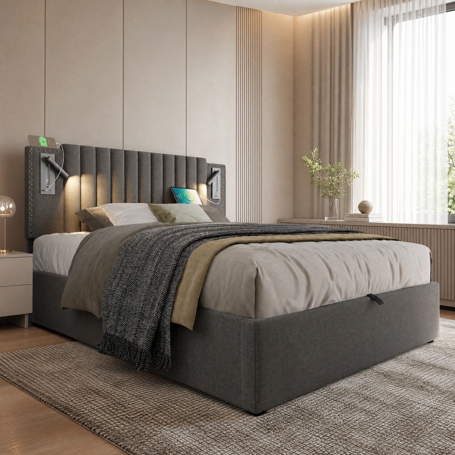 Maisentiel Gestoffeerd bed 160 x 200 cm - Grijs - Opbergruimte, lattenbodem en leeslampjes