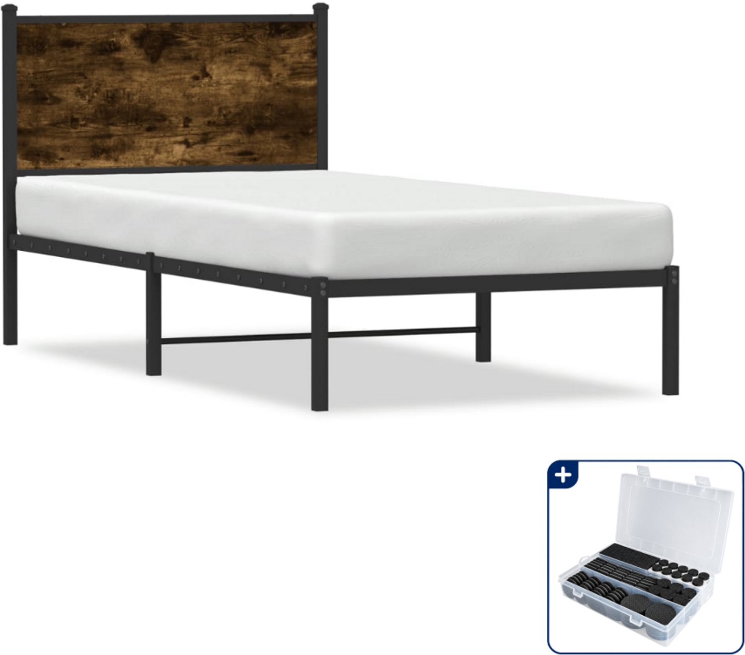 vidaXL bedframe - 75 x 190 cm - staal en bewerkt hout - gerookt eiken - Inclusief antikrasvilt 177-delig Bruin