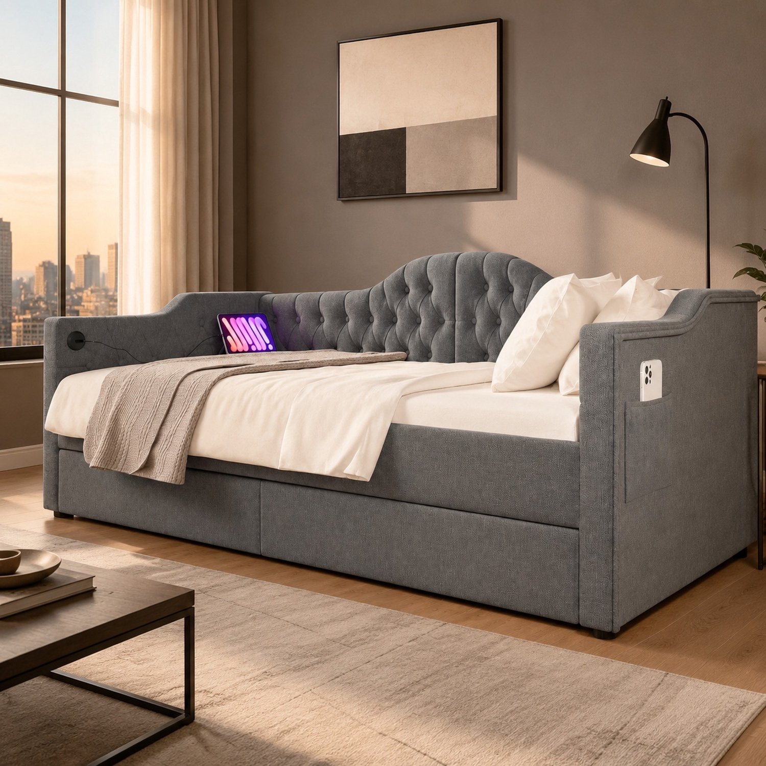 Maisentiel Gestoffeerd dagbed 90 x 190 cm - grijs - 2 lades - USB en Type-C