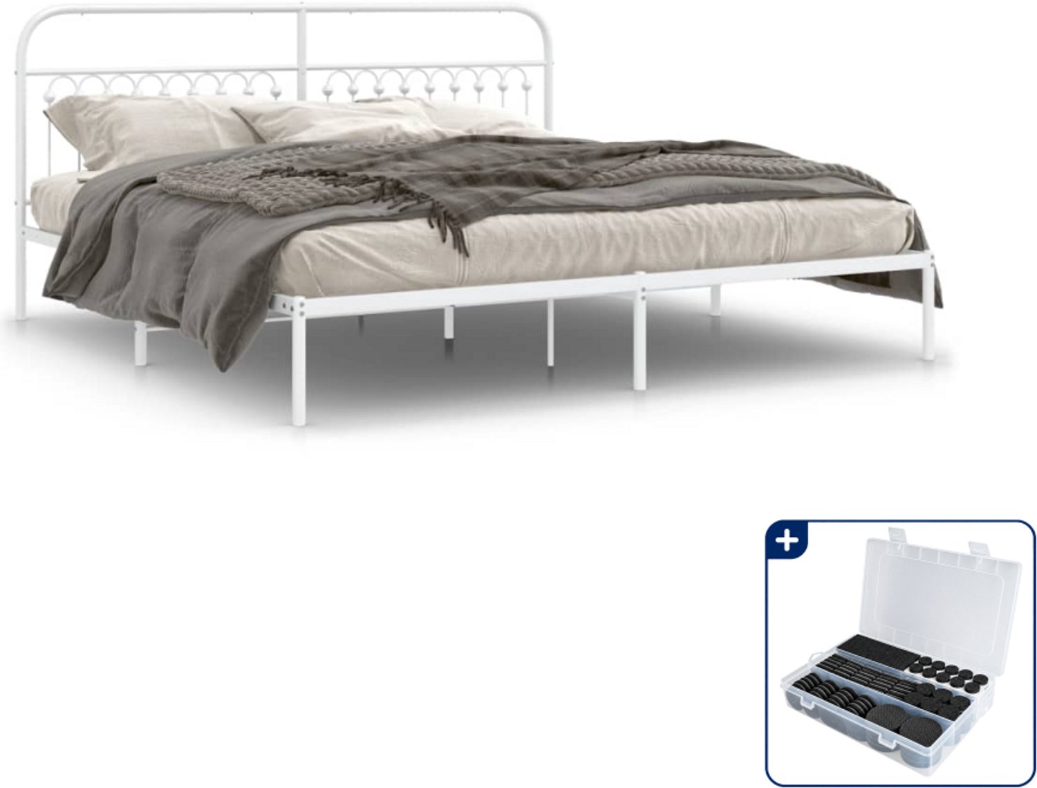 vidaXL Bedframe met hoofdbord - 200 x 200 cm - staal - wit - Inclusief antikrasvilt 177-delig