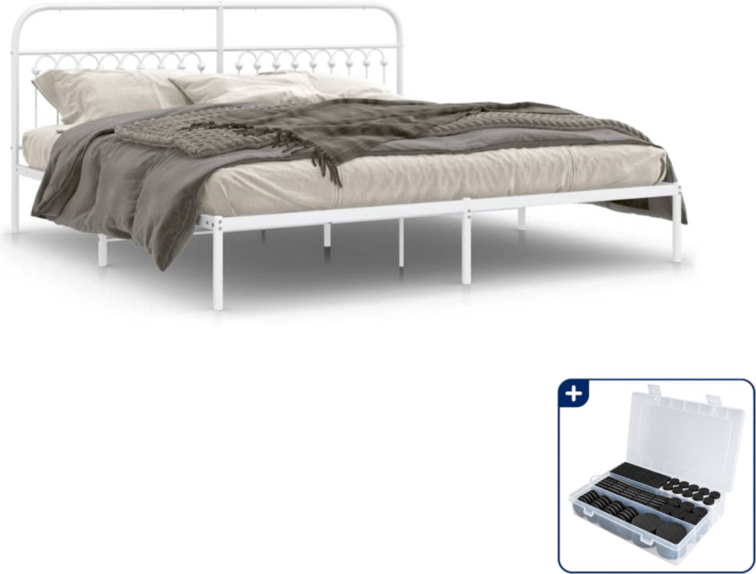 vidaXL bedframe met hoofdbord - 193 x 203 cm - staal - wit - Inclusief antikrasvilt 177-delig