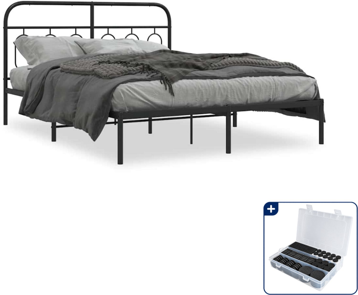 vidaXL bedframe met hoofdbord - 135 x 190 cm - staal - zwart - Inclusief antikrasvilt 177-delig