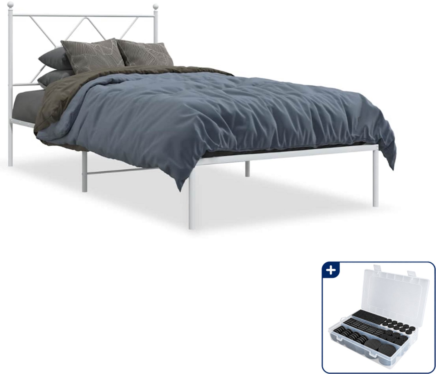 vidaXL bedframe met hoofdbord - 90 x 190 cm - staal - wit - Inclusief antikrasvilt 177-delig