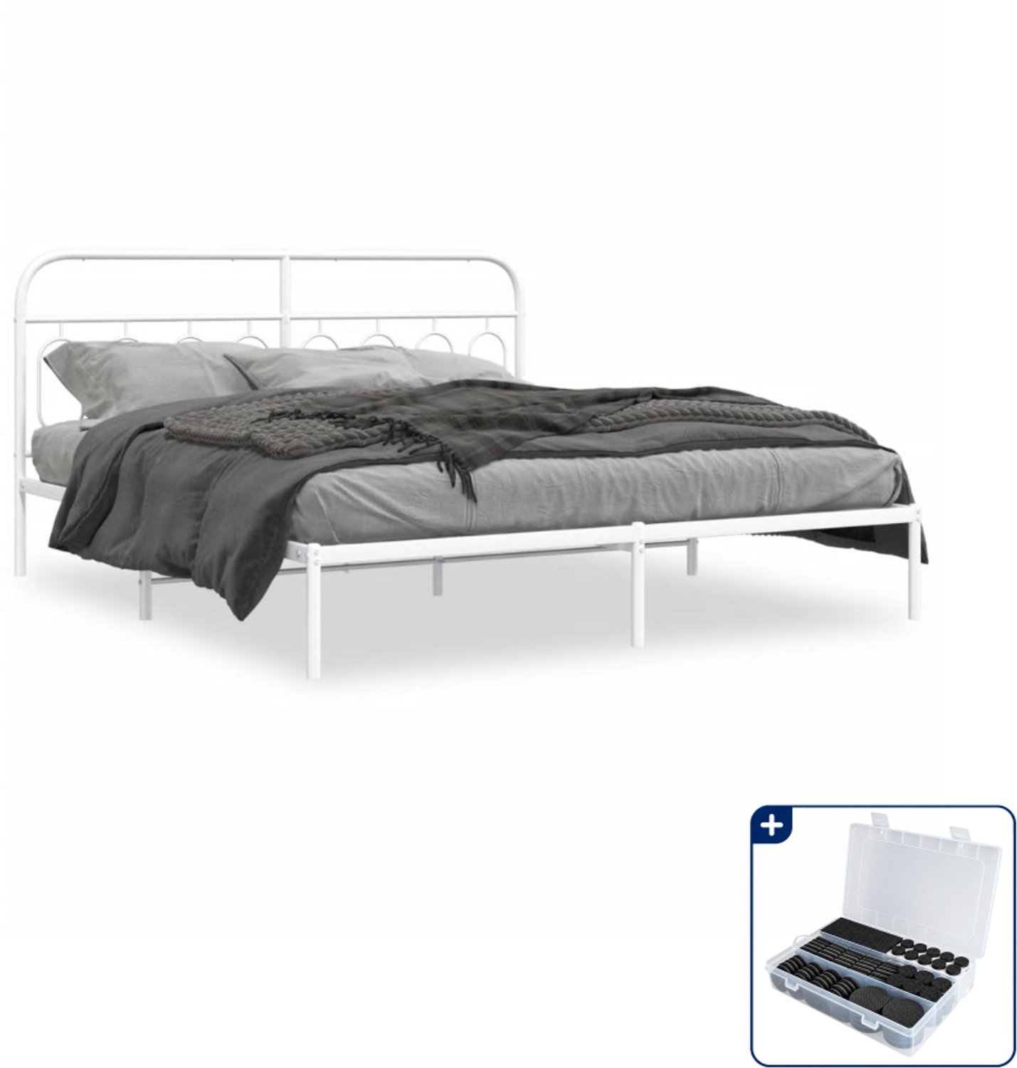 vidaXL Bedframe Queensize - 160 x 200 cm - metaal - wit - Inclusief antikrasvilt 177-delig