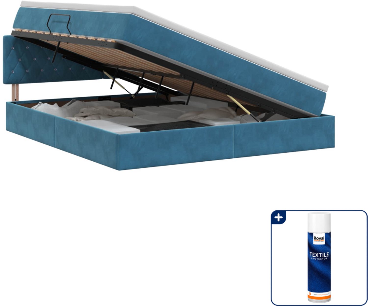 vidaXL Queensize bed met opbergruimte - 160 x 200 cm - donkerblauw - Inclusief textielbeschermer 500 ml