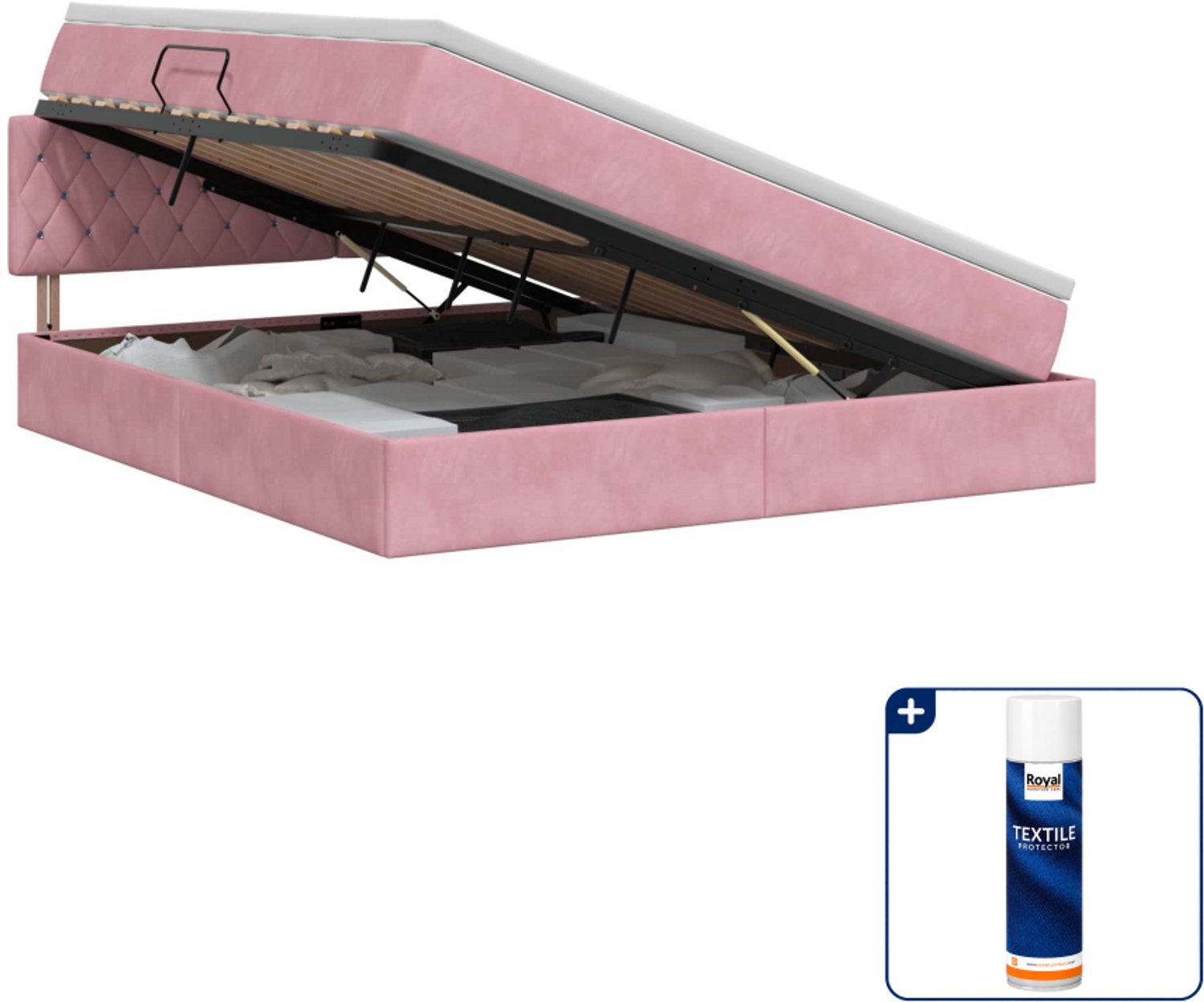 vidaXL Queensize bed met opbergruimte - 160 x 200 cm - roze - Inclusief textielbeschermer 500 ml
