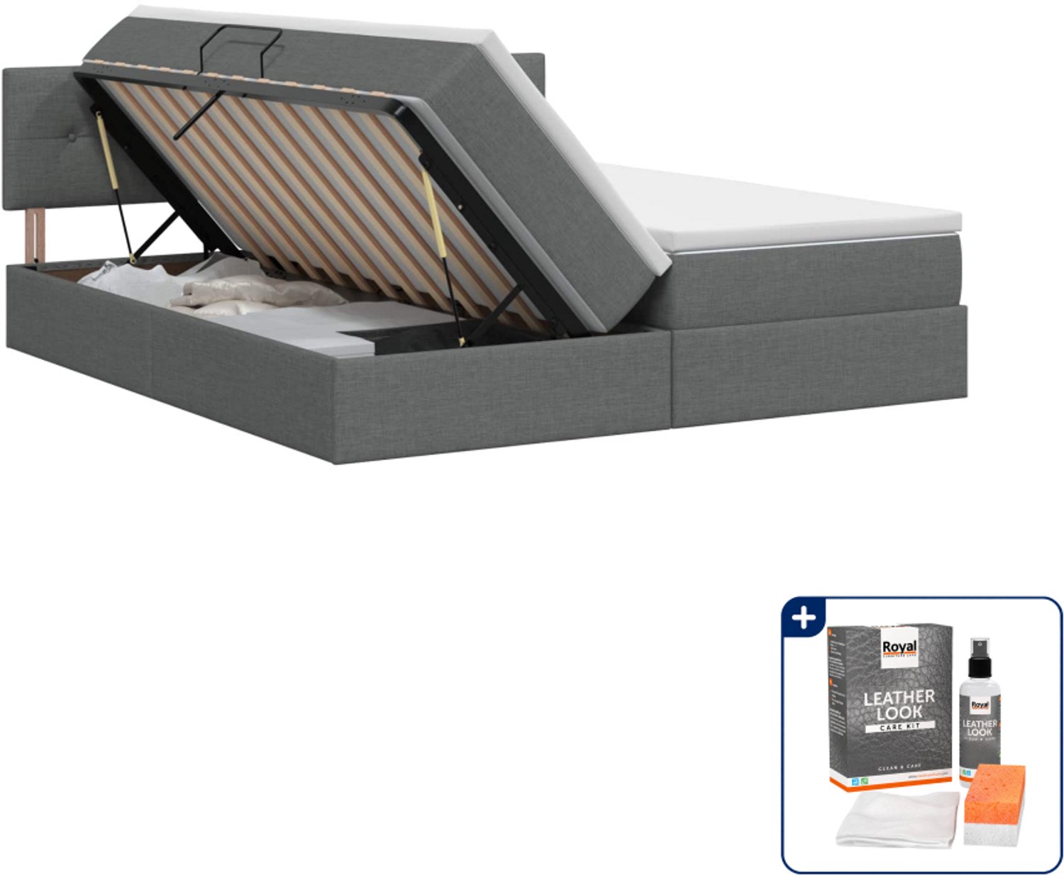 vidaXL Opbergbed met matras - 200 x 200 cm - kunstleer - donkergrijs - Inclusief onderhoudsset voor kunstleer 150 ml Donker Grijn