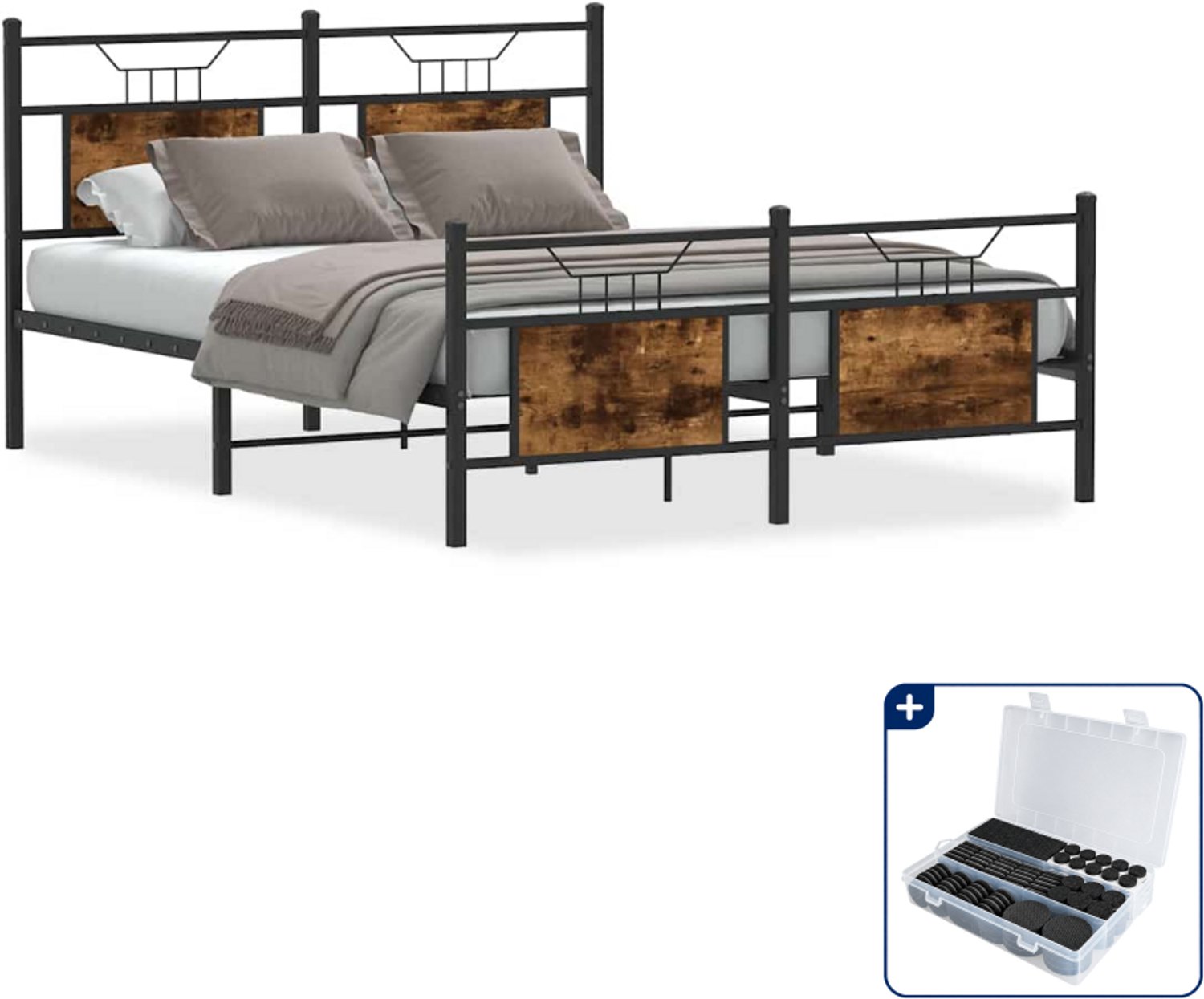 vidaXL bedframe - 140 x 190 cm - bewerkt hout en staal - gerookt eiken - Inclusief antikrasvilt 177-delig Bruin
