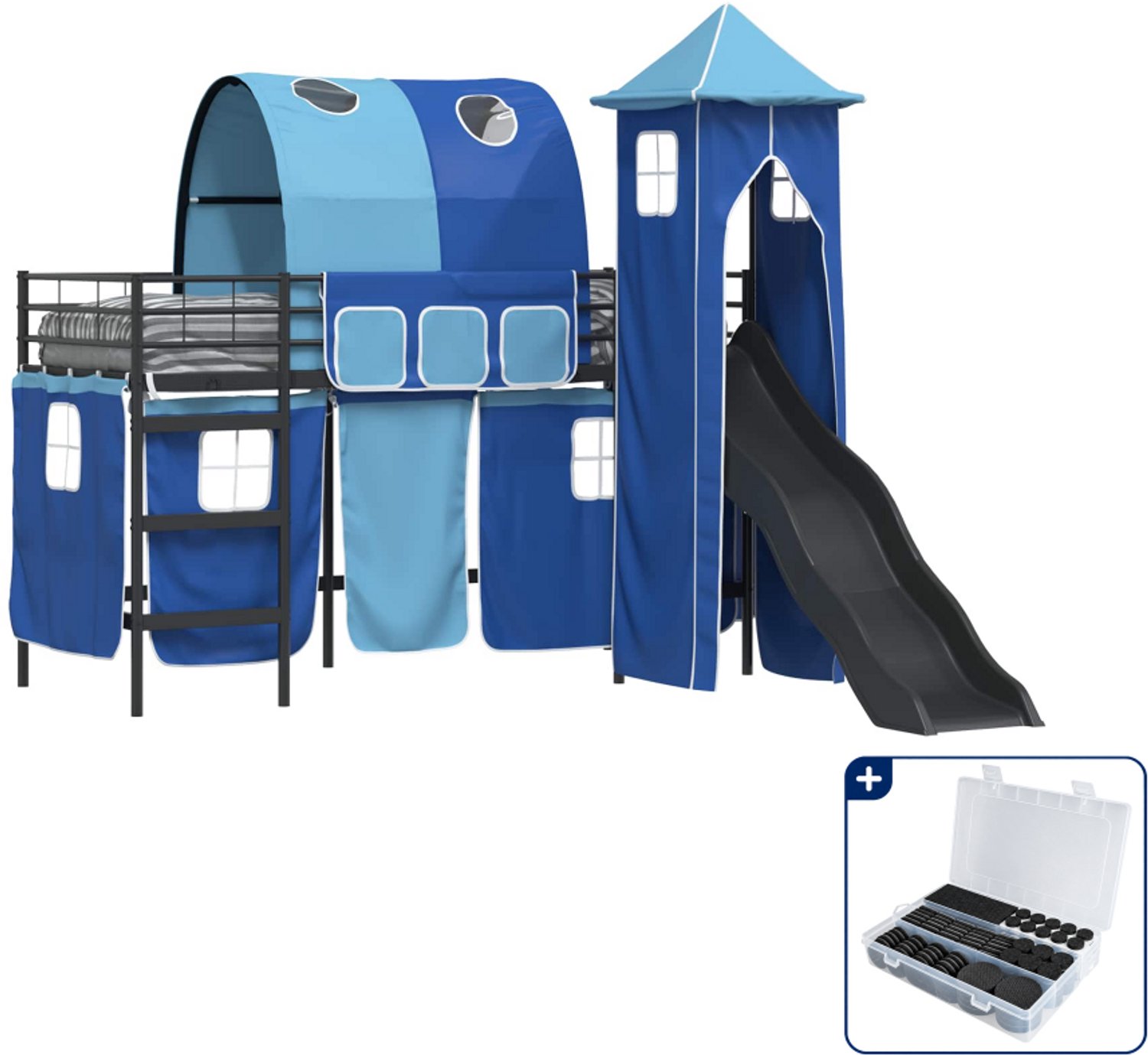 vidaXL kinderstapelbed - 100 x 190 cm - metaal - zwart en blauw - Inclusief antikrasvilt 177-delig
