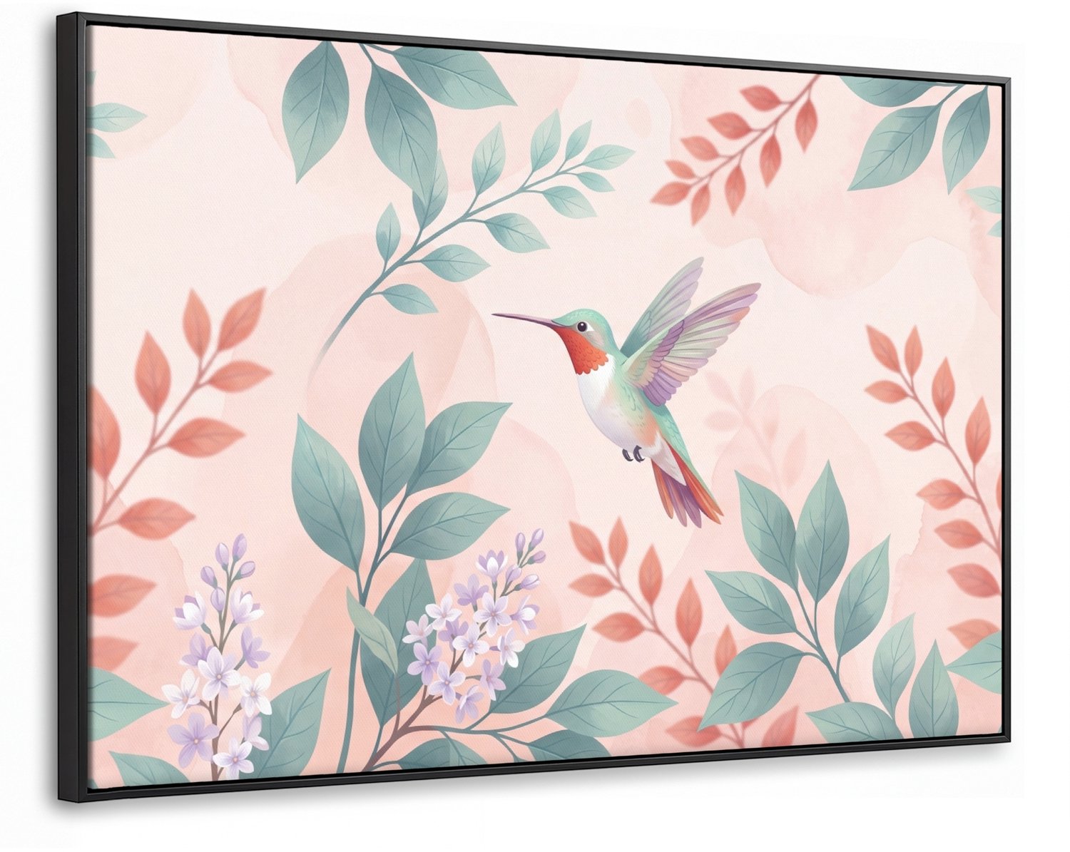 Canvas Schilderij met Baklijst XXL Canvas Schilderij met Baklijst 140x90cm - Kolibrie - Vliegen - Natuur - Illustratie - Kleurrijk - Muurdecoratie woonkamer - Slaapkamer decoratie - Kamer accessoires - Schilderijen op canvas met lijst groot