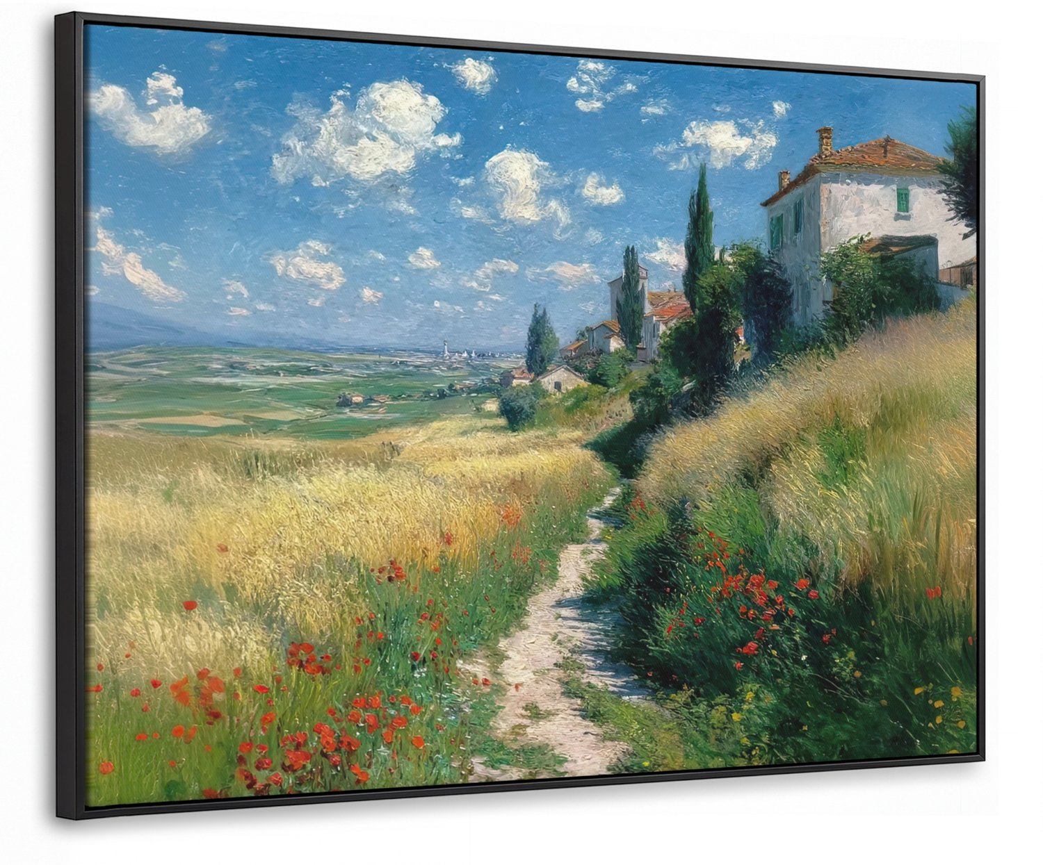 Canvas Schilderij met Baklijst 80x60cm - Zandpad - Huis - Bomen - Grasveld - Muurdecoratie woonkamer - Slaapkamer decoratie - Kamer accessoires - Schilderijen op canvas met lijst