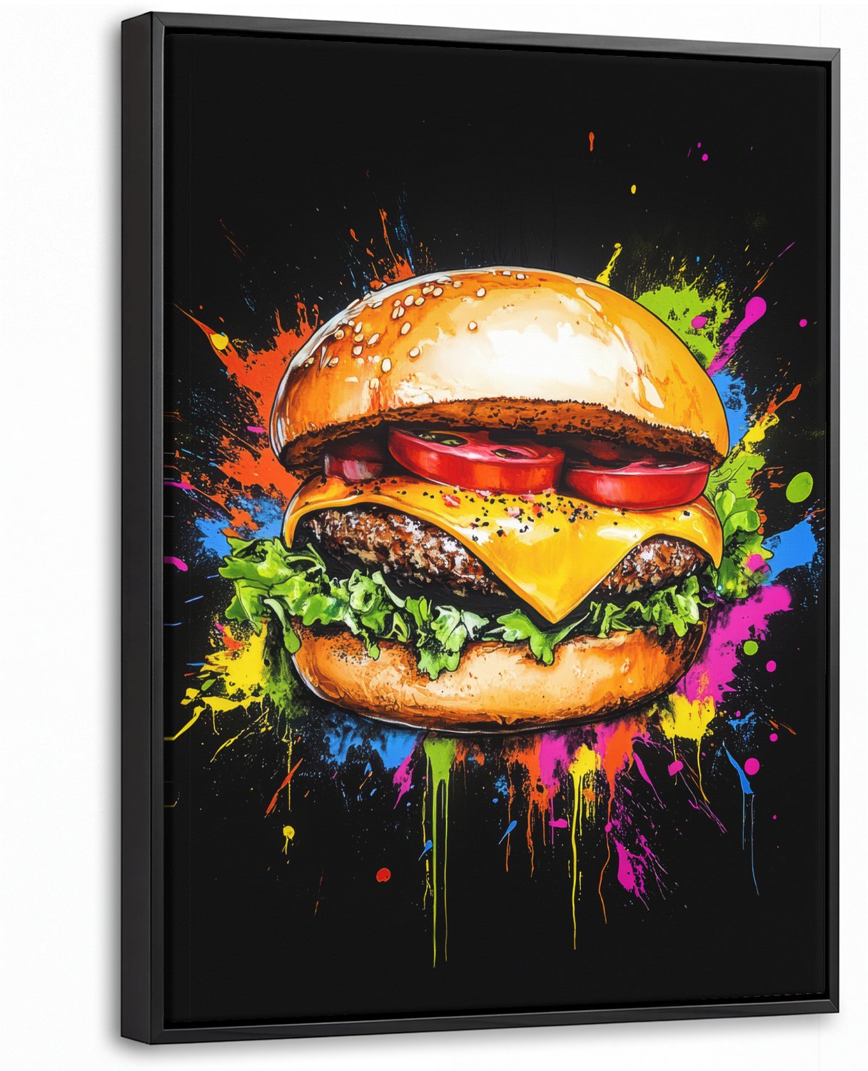 Canvas Schilderij met Baklijst 30x40cm - Hamburger - Graffiti - Verf - Kleurrijk - Eten - Abstract - Muurdecoratie woonkamer - Slaapkamer decoratie - Kamer accessoires - Schilderijen op canvas met lijst