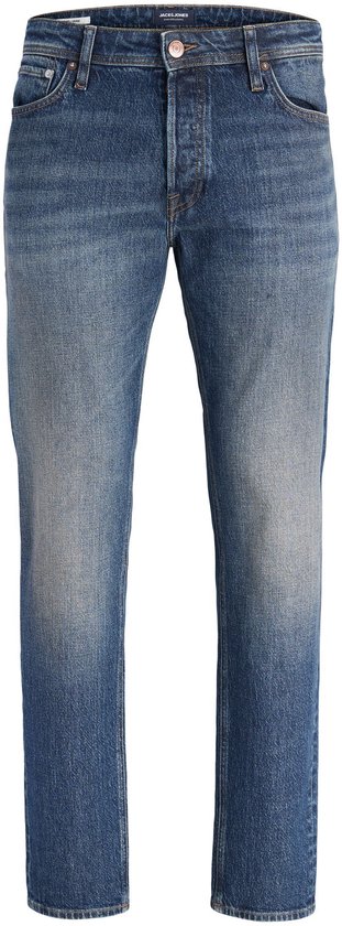Donkerblauwe jeans met knoopsluiting, lichte wassing en een taps toelopende pasvorm.