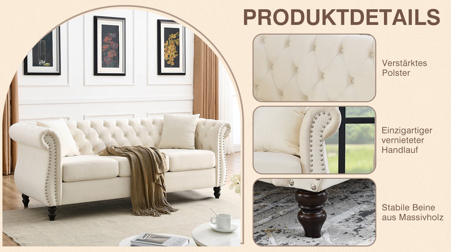 STILVORA Chesterfield Bank 148 x 73,6 x 78 cm - 2-Zits Met Knoopdetails En Siernagels - Voor Woonkamer En Kantoor - Fluweel - Beige