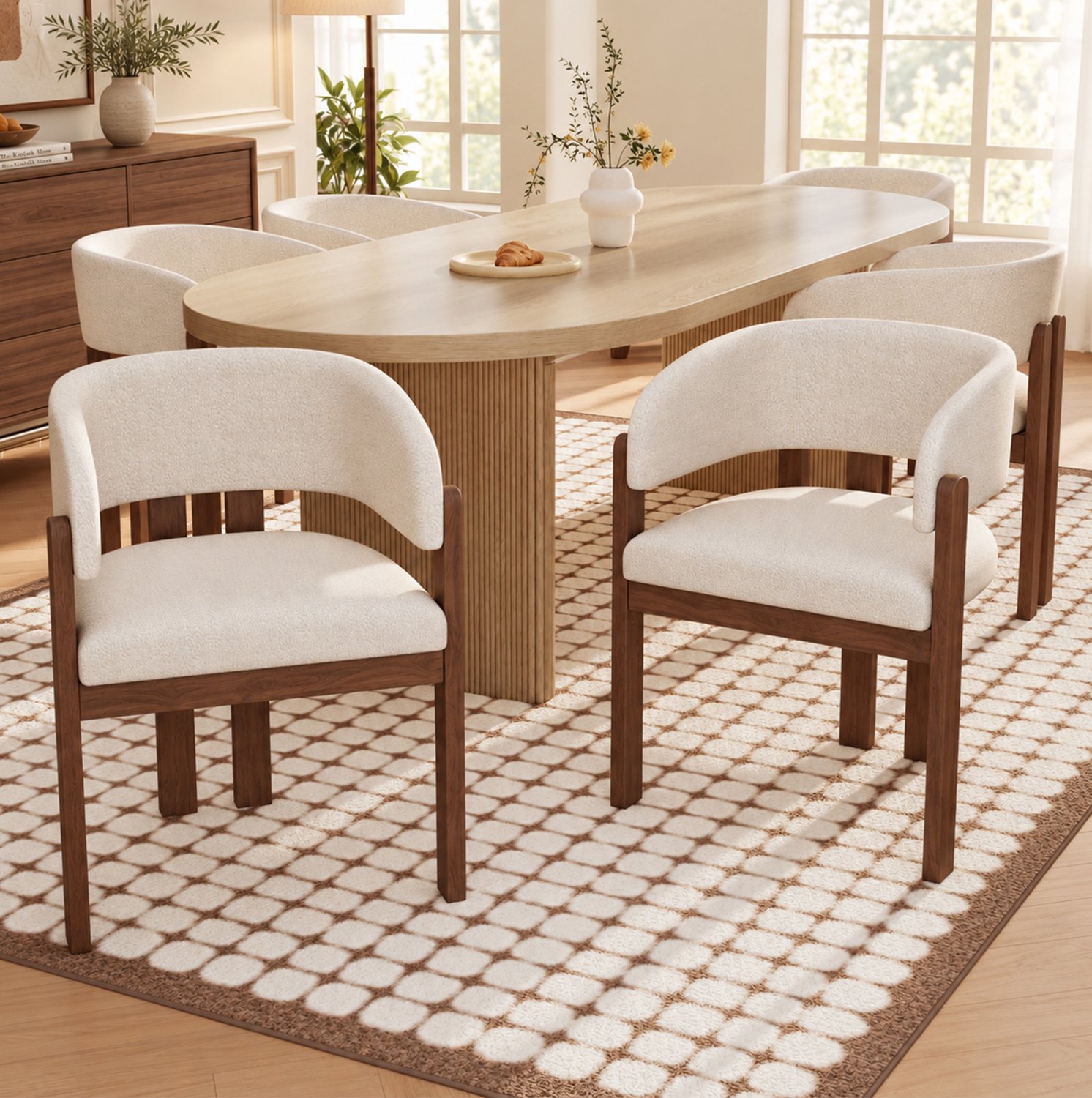 DESMIU Eetkamerstoelen 60 x 51 x 80 cm - Set van 6 met Armleuningen en Zachte Bekleding - Voor Eetkamer en Woonkamer - Hout en Bouclé - Walnootbruin en Beige Walnootkleur en beige