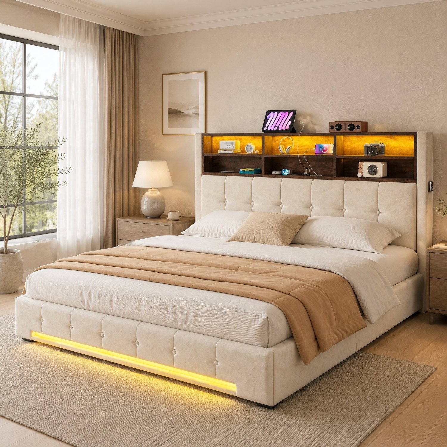 Wishdor Tweepersoonsbed 180x200 cm - Hydraulische opbergruimte met stofhoes - Hoofdbord met 6 vakken en zijvakken - USB-C en dimbare LED-verlichting - Fluwelen bekleding - Beige
