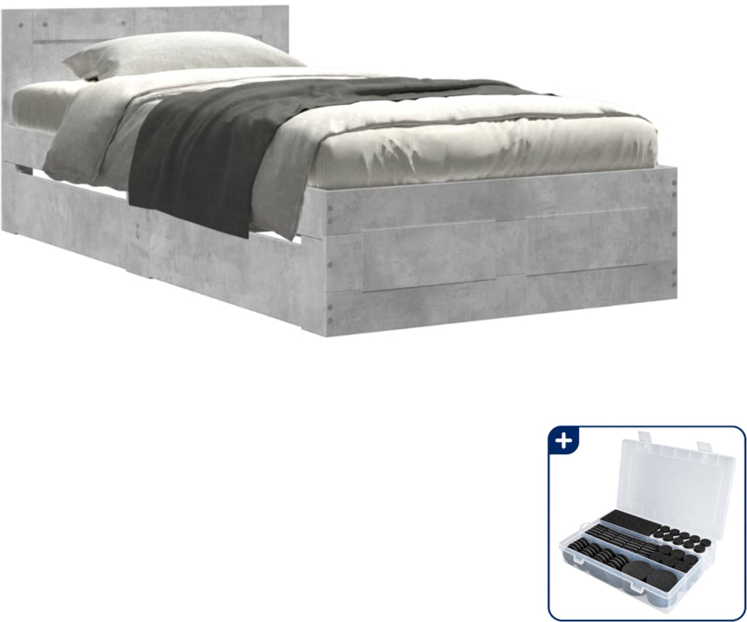 vidaXL bedframe met hoofdbord - 75 x 190 cm - bewerkt hout - betongrijs - Inclusief antikrasvilt 177-delig Bruin