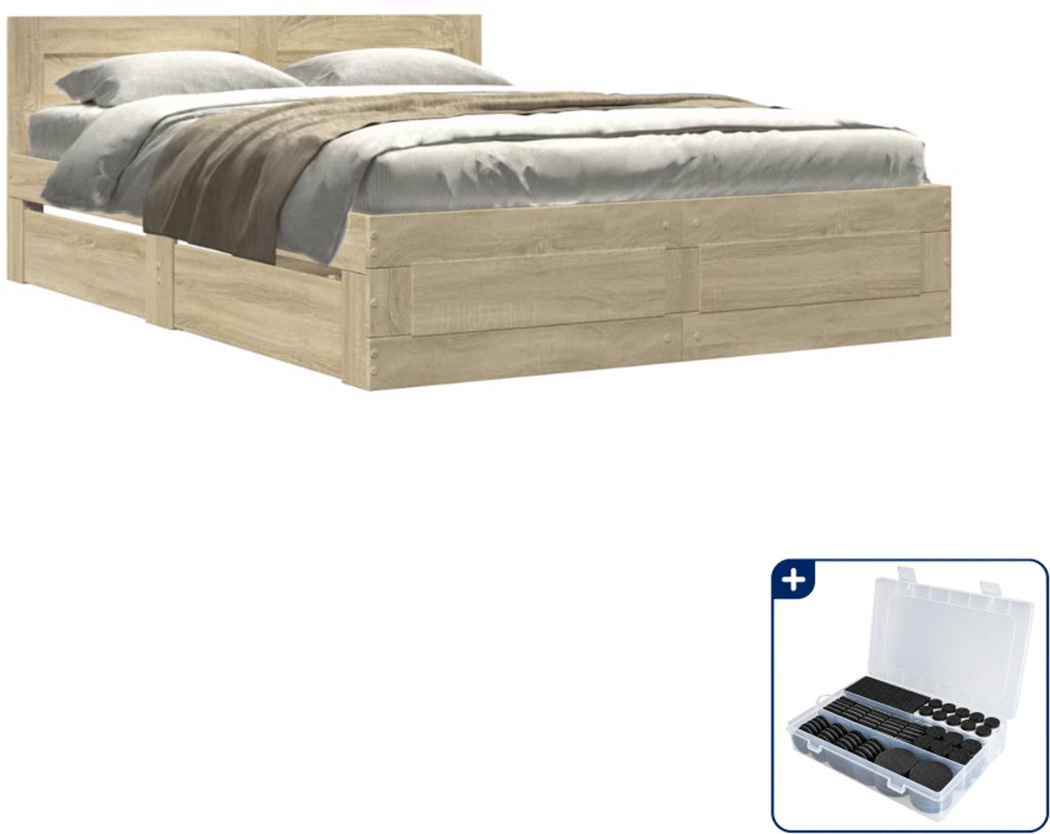 vidaXL bedframe - Small double - 140 x 200 cm - sonoma eiken - Inclusief antikrasvilt 177-delig Wit