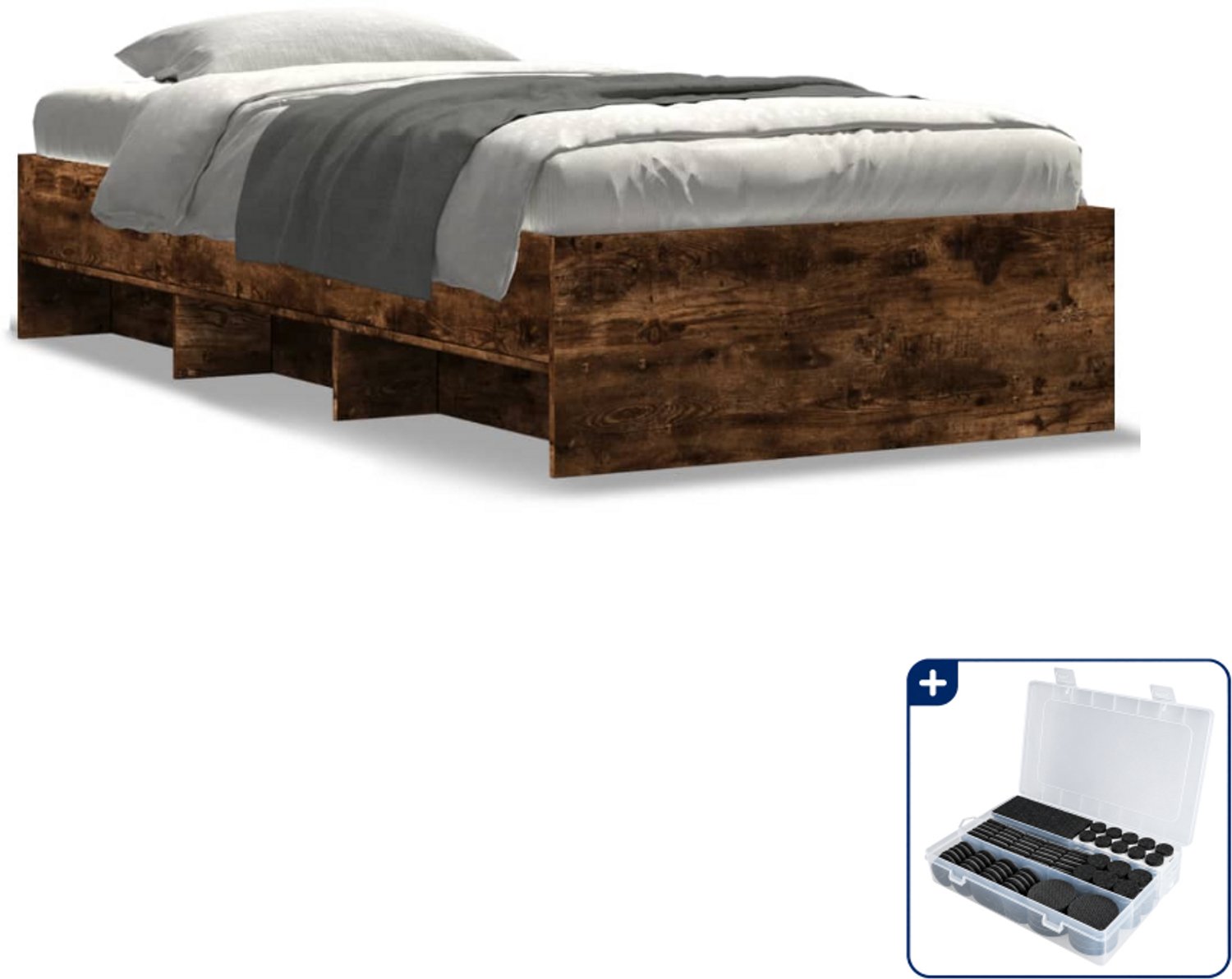 vidaXL bedframe - 75 x 190 cm - bewerkt hout - gerookt eiken - Inclusief antikrasvilt 177-delig Wit