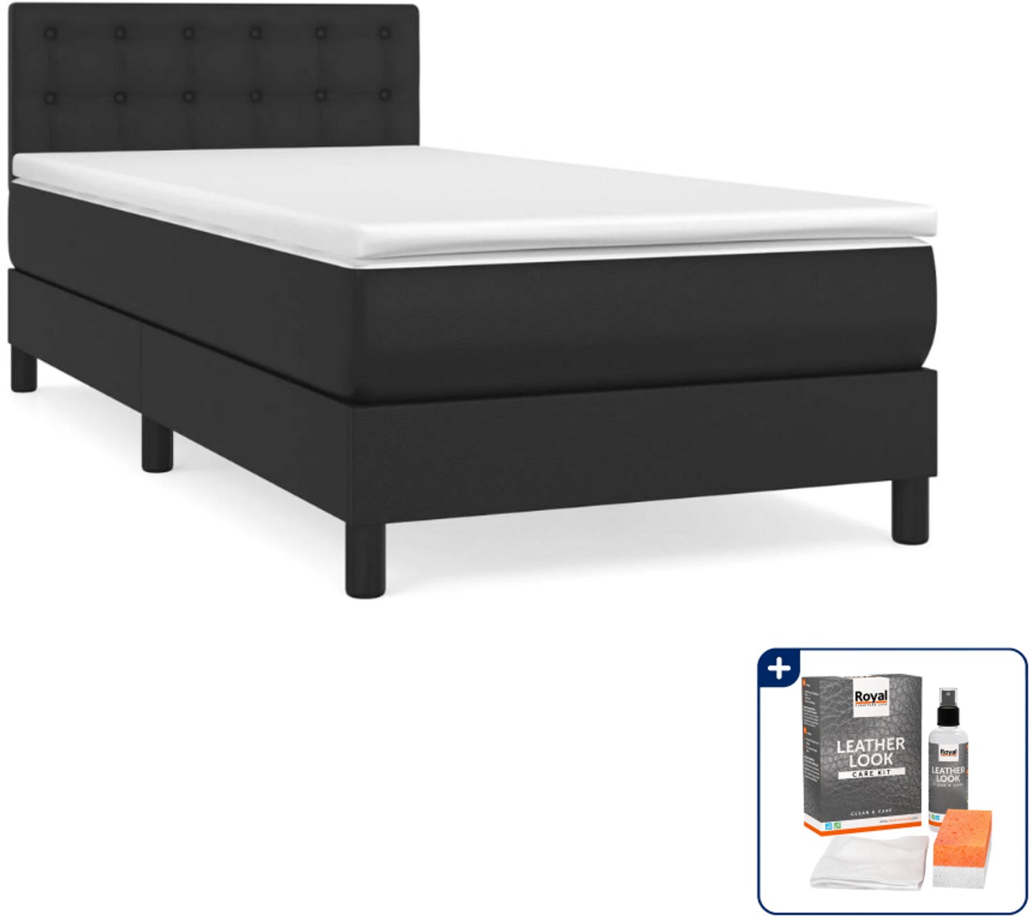 vidaXL boxspring met matras - 90 x 200 cm - kunstleer - zwart - Inclusief onderhoudsset voor kunstleer 150 ml