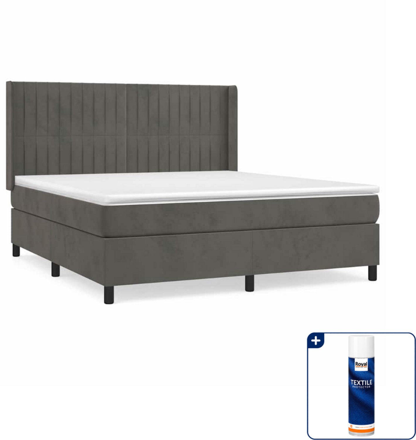 vidaXL Kingsize boxspring met matras - 180 x 200 cm - fluweel - donkergrijs - Inclusief textielbeschermer 500 ml