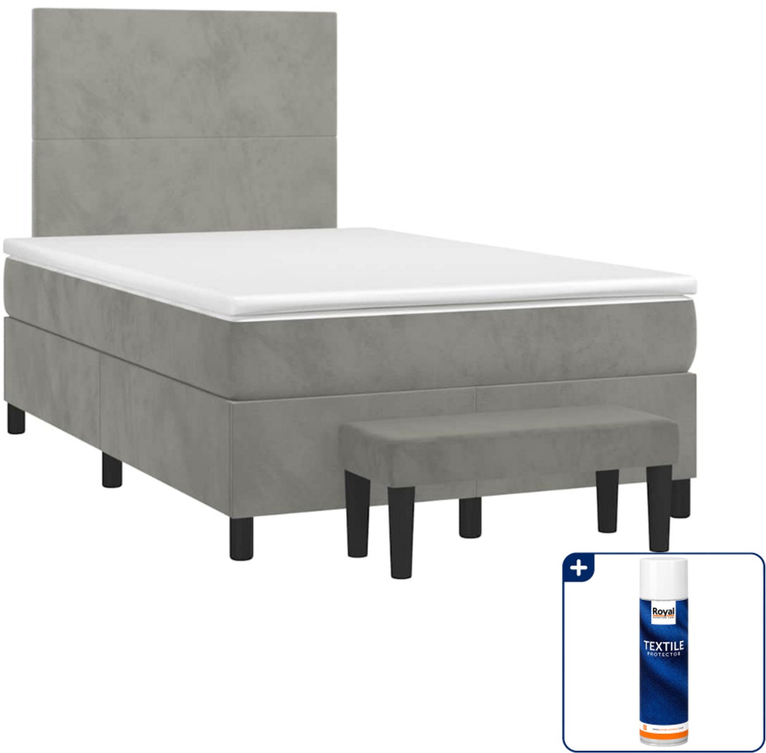 vidaXL boxspring met matras en bank - 120 x 190 cm - fluweel - lichtgrijs - Inclusief textielbeschermer 500 ml