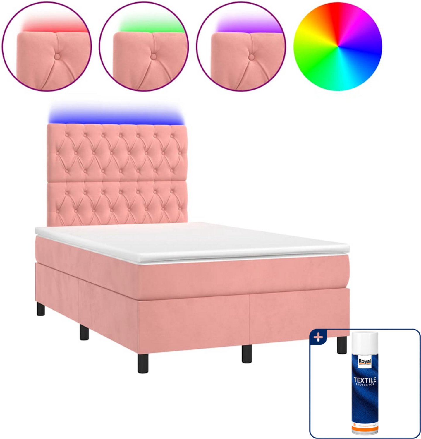 vidaXL boxspring met matras en led - 120 x 190 cm - fluweel - roze - Inclusief textielbeschermer 500 ml