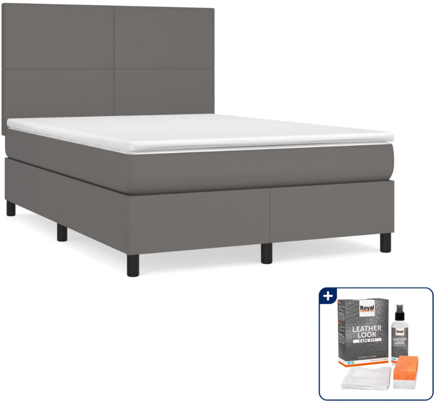 vidaXL Boxspring Small double - 140 x 200 cm - kunstleer - grijs - Inclusief onderhoudsset voor kunstleer 150 ml