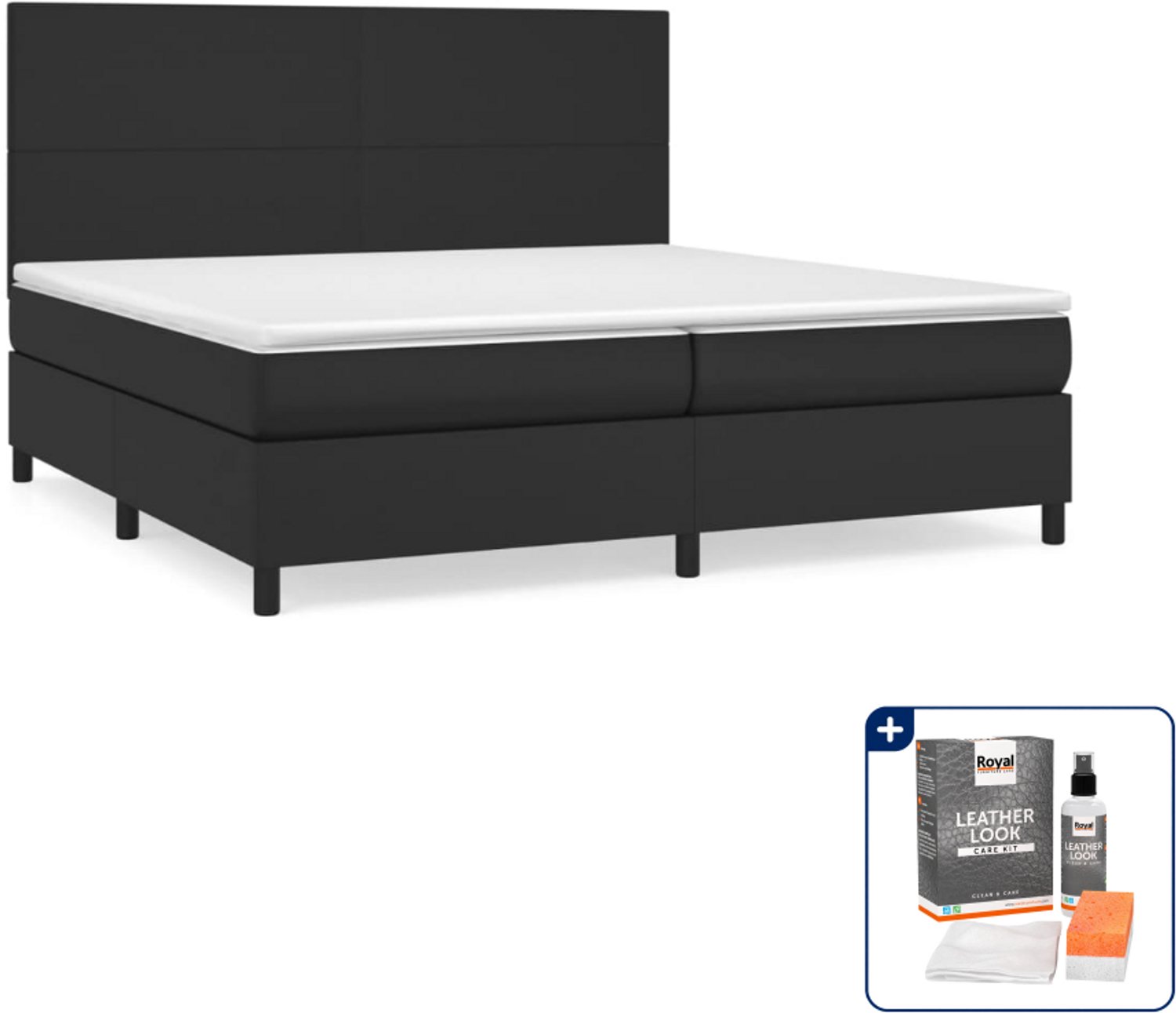 vidaXL boxspring met matras - Super kingsize - 200 x 200 cm - zwart - Inclusief onderhoudsset voor kunstleer 150 ml