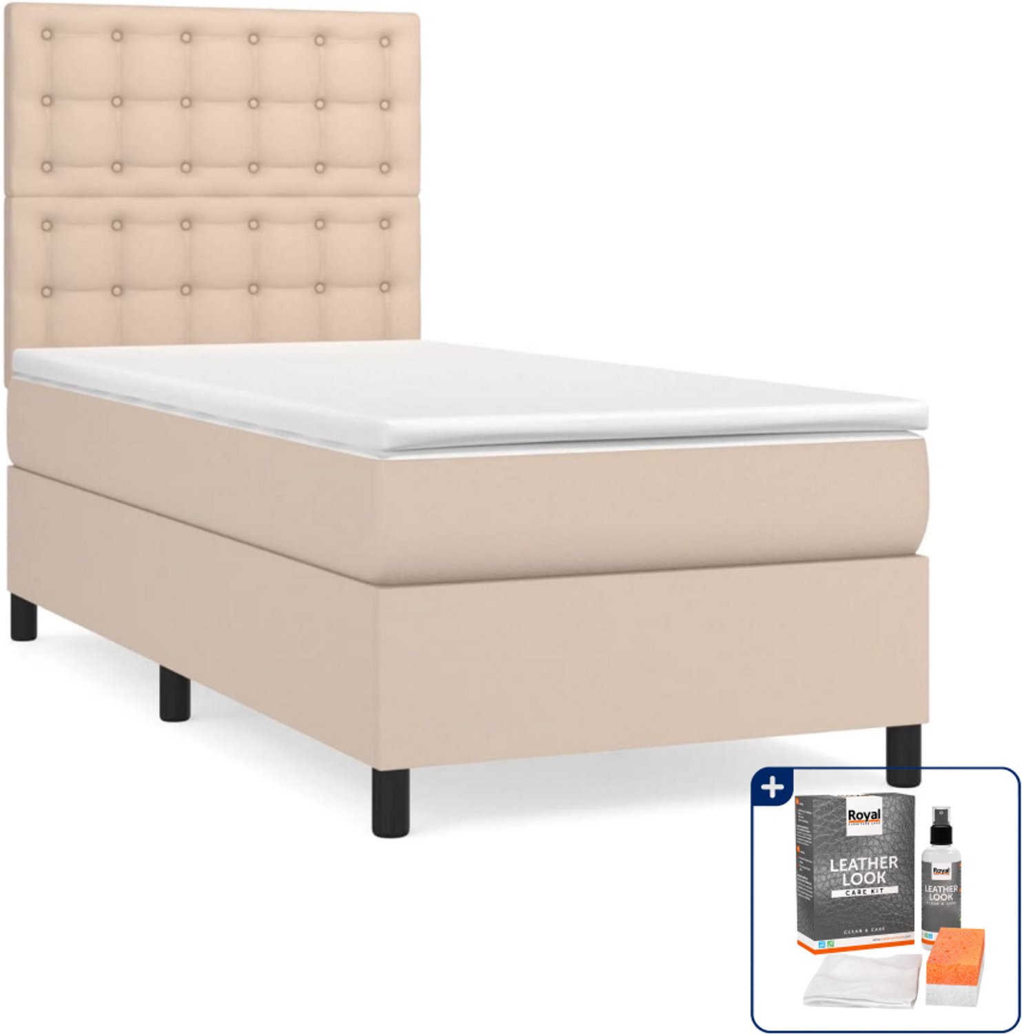 vidaXL boxspring met matras 90x200 cm - kunstleer - cappuccino - Inclusief onderhoudsset voor kunstleer 150 ml Bruin