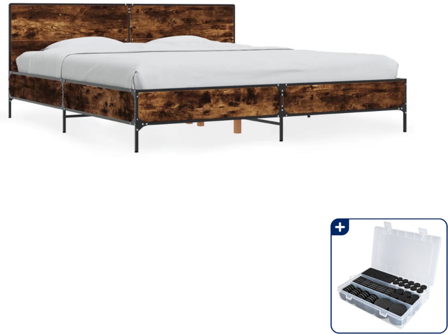vidaXL bedframe - 200 x 200 cm - bewerkt hout - gerookt eiken - Inclusief antikrasvilt 177-delig Bruin
