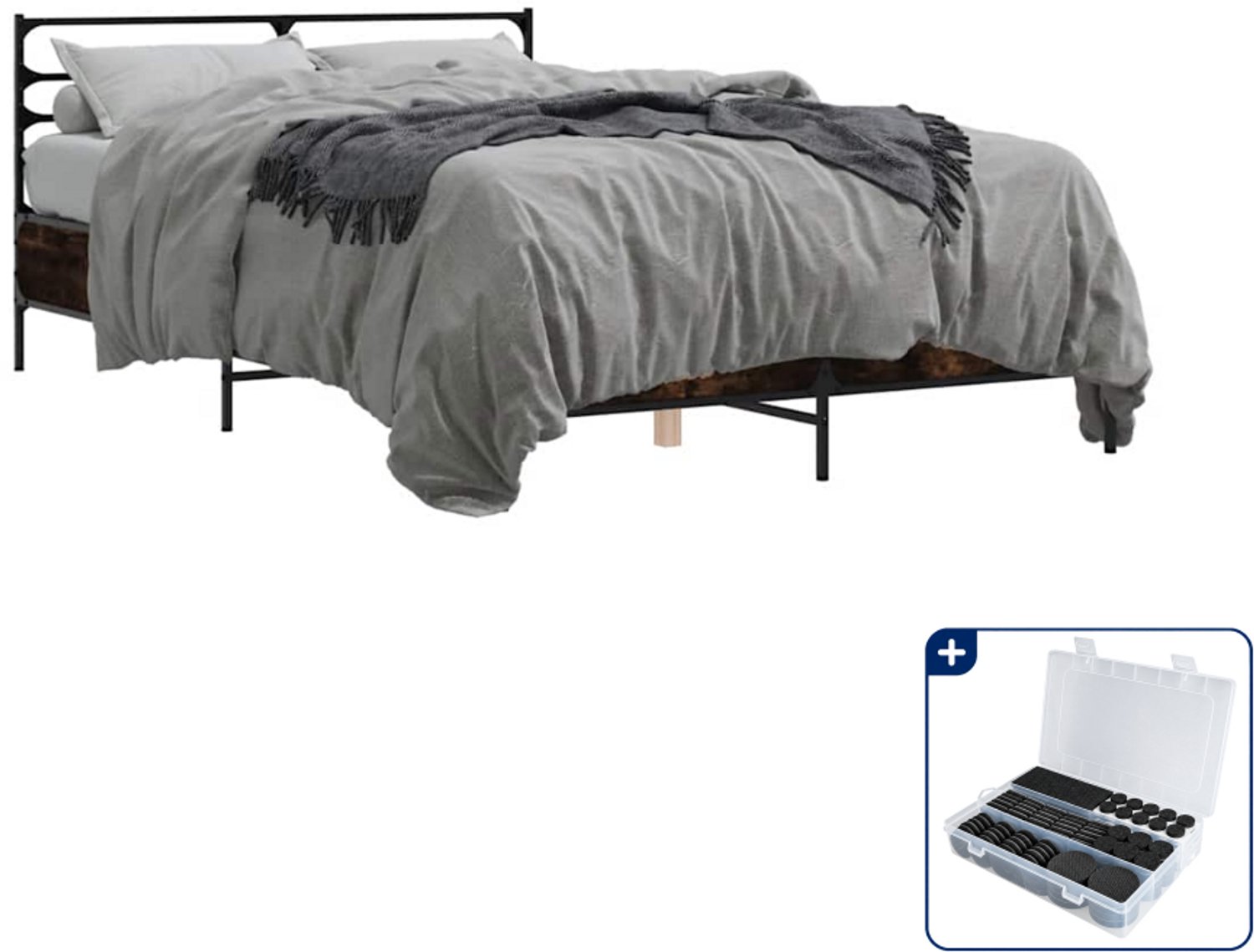 vidaXL bedframe - Small double - 140 x 200 cm - gerookt eiken - Inclusief antikrasvilt 177-delig Bruin