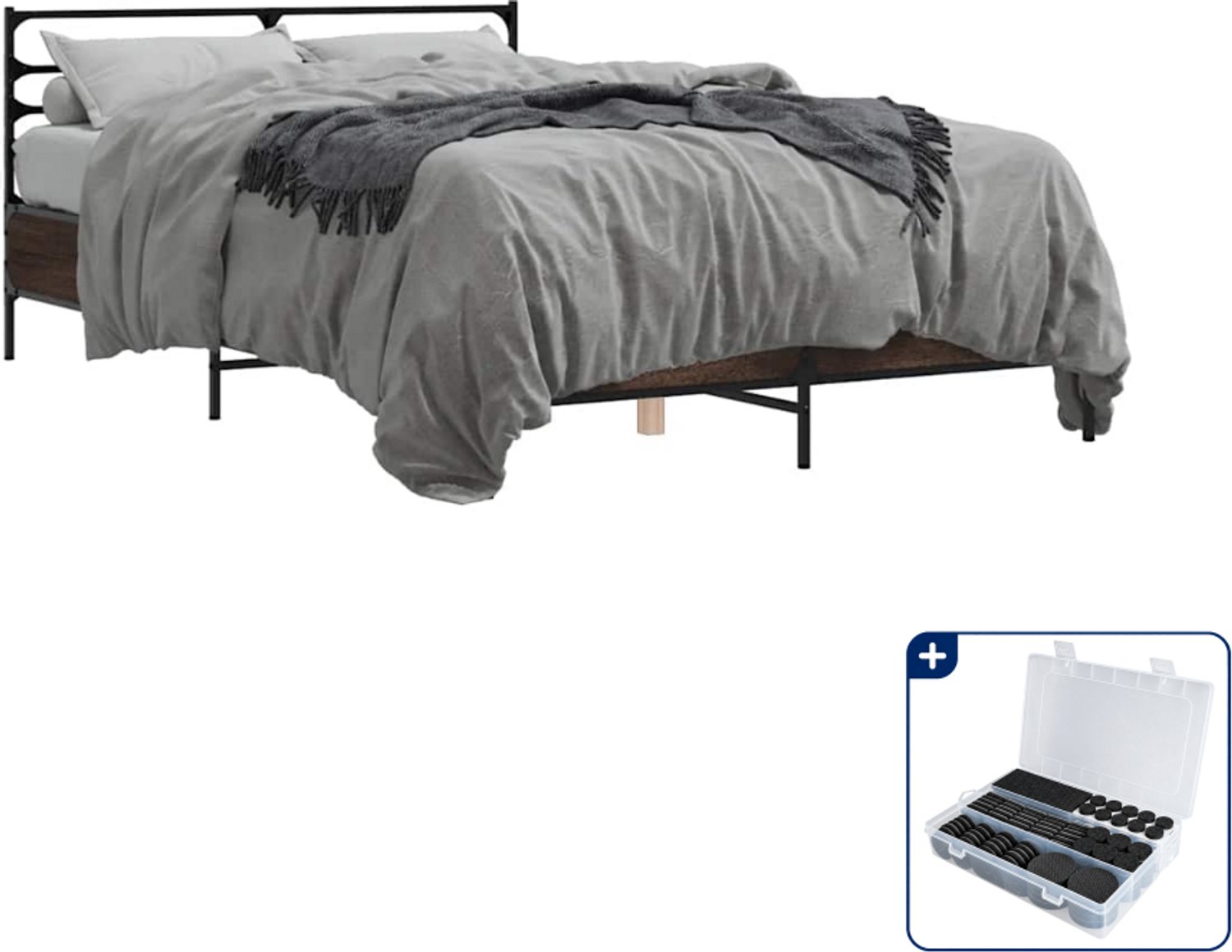 vidaXL bedframe - Small double - 140 x 200 cm - bruineiken - Inclusief antikrasvilt 177-delig Grijs