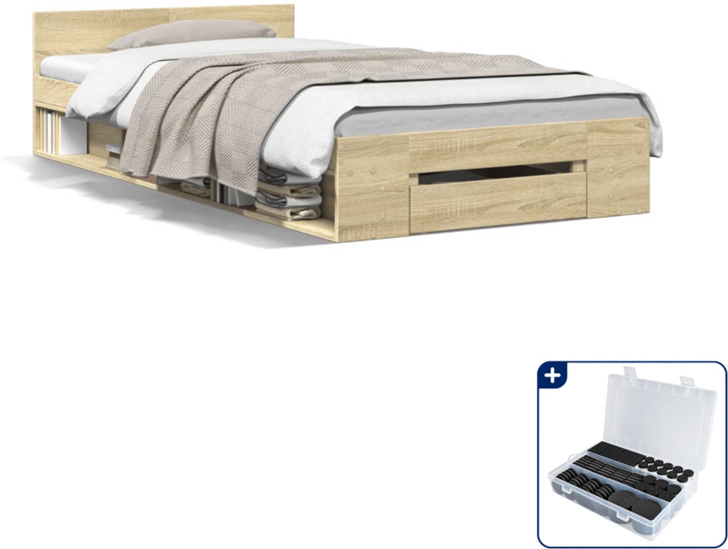 vidaXL bedframe met lade - 90 x 200 cm - bewerkt hout - sonoma eiken - Inclusief antikrasvilt 177-delig Bruin
