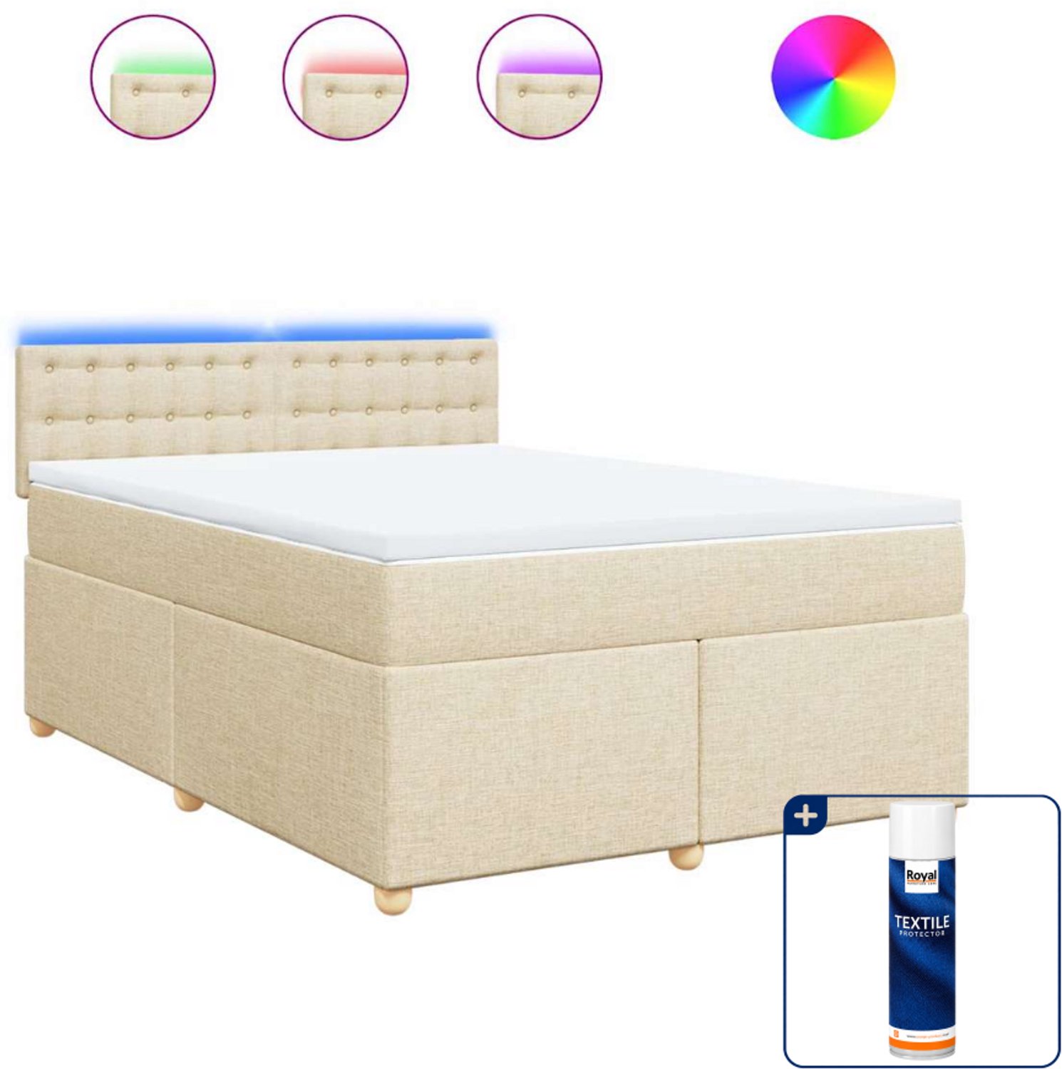 vidaXL boxspring met matras - 140 x 190 cm - stof - crèmekleurig - Inclusief textielbeschermer 500 ml