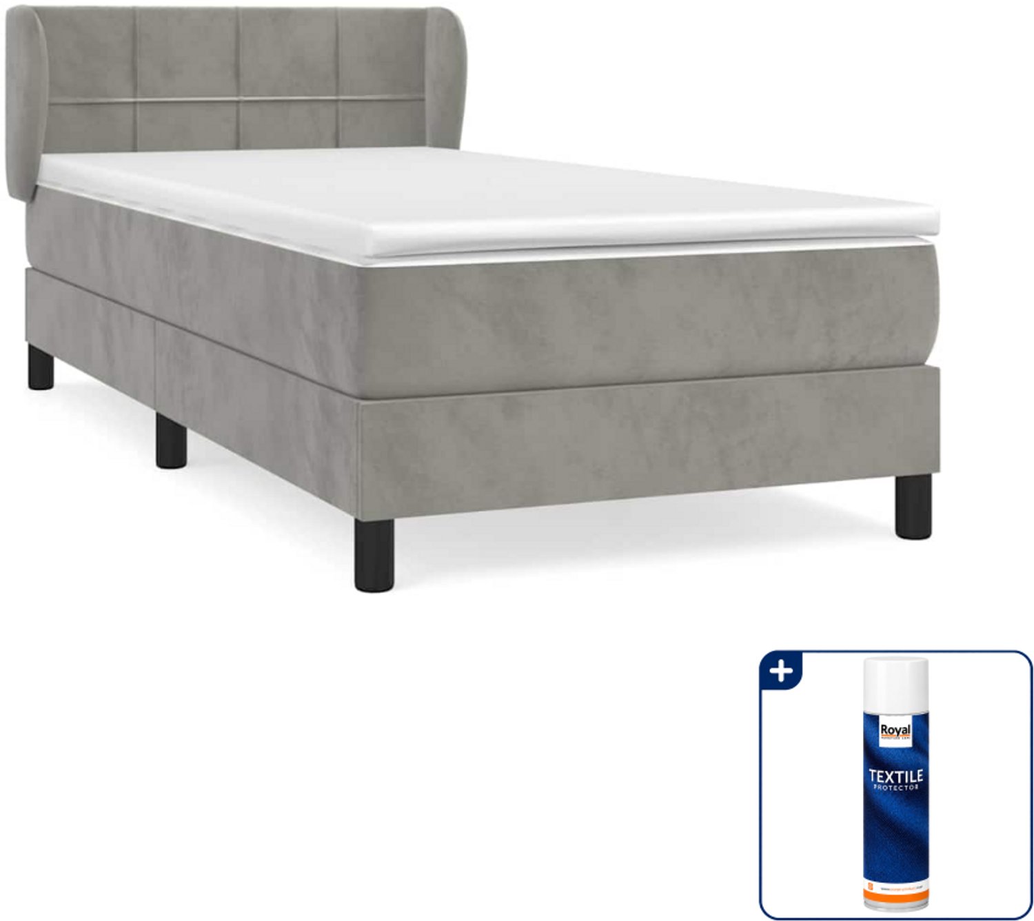 vidaXL boxspring met matras - 90 x 200 cm - fluweel - lichtgrijs - Inclusief textielbeschermer 500 ml