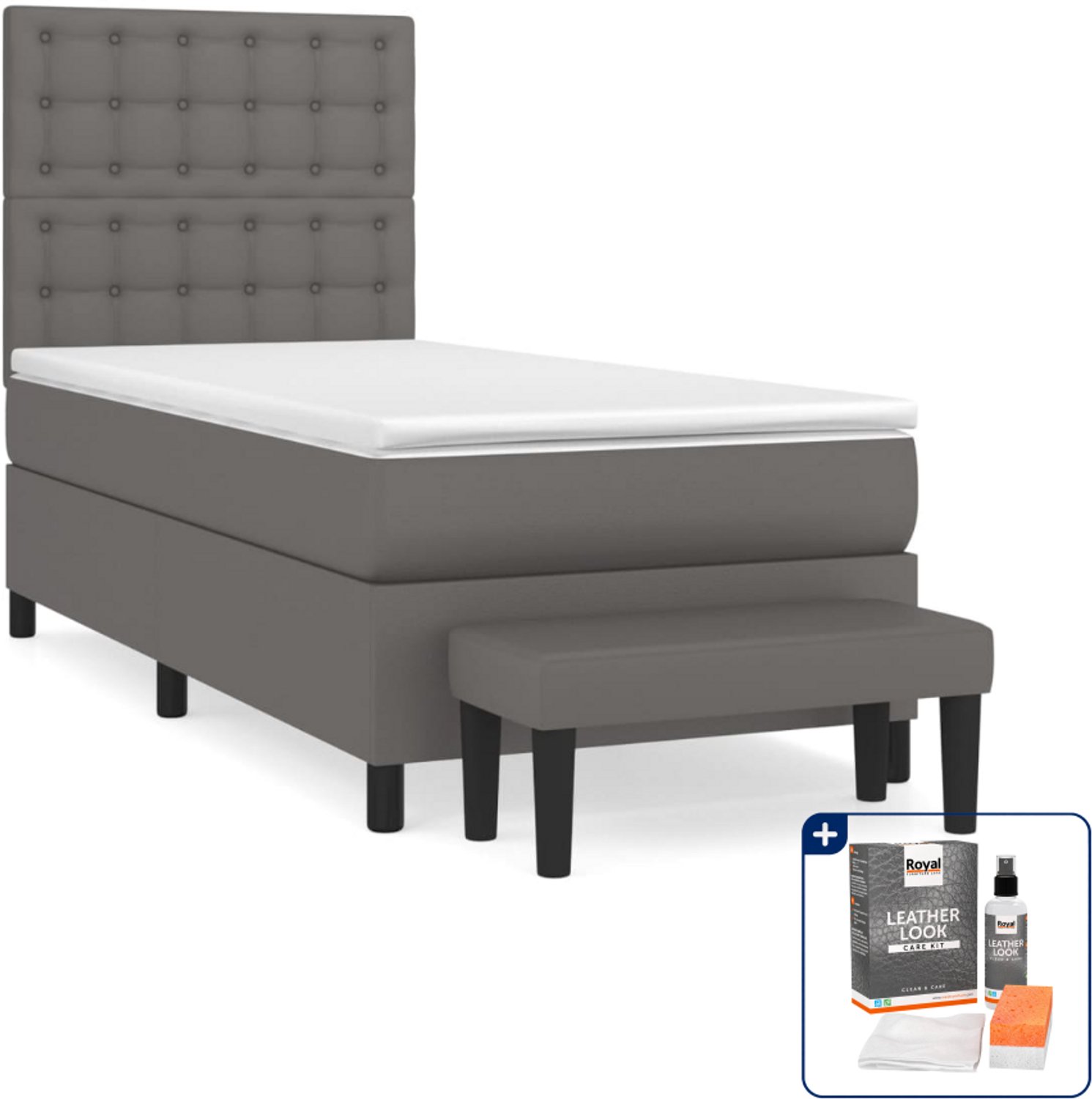 vidaXL boxspring met matras en bankje - 100 x 200 cm - grijs - Inclusief onderhoudsset voor kunstleer 150 ml