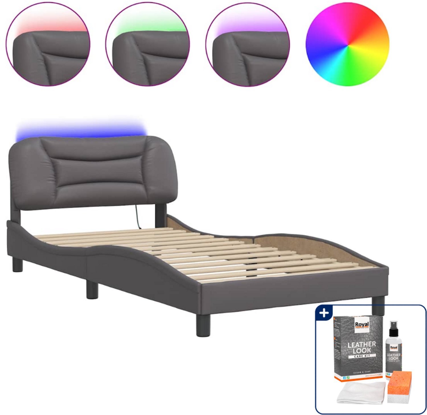 vidaXL Hvar bedframe met led - 100 x 200 cm - grijs - Inclusief onderhoudsset voor kunstleer 150 ml Bruin