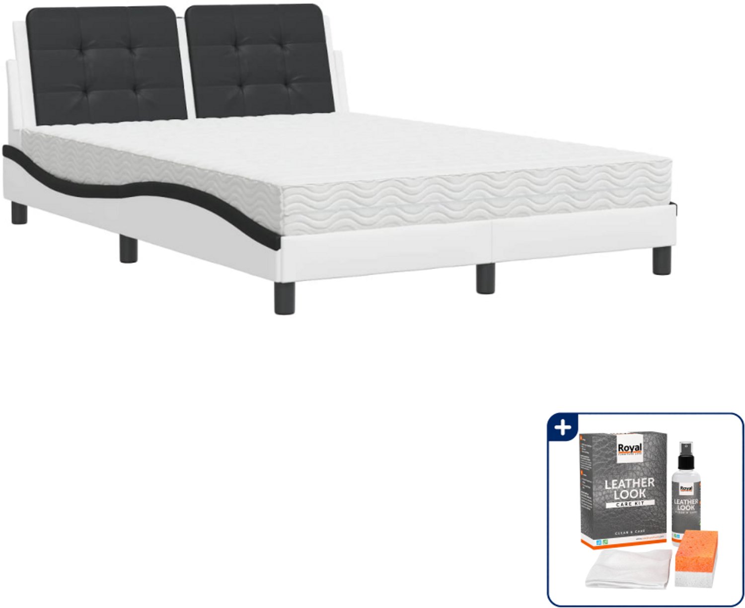 vidaXL Bed met matras Zadar - 140 x 190 cm - kunstleer - wit en zwart - Inclusief onderhoudsset voor kunstleer 150 ml Grijs